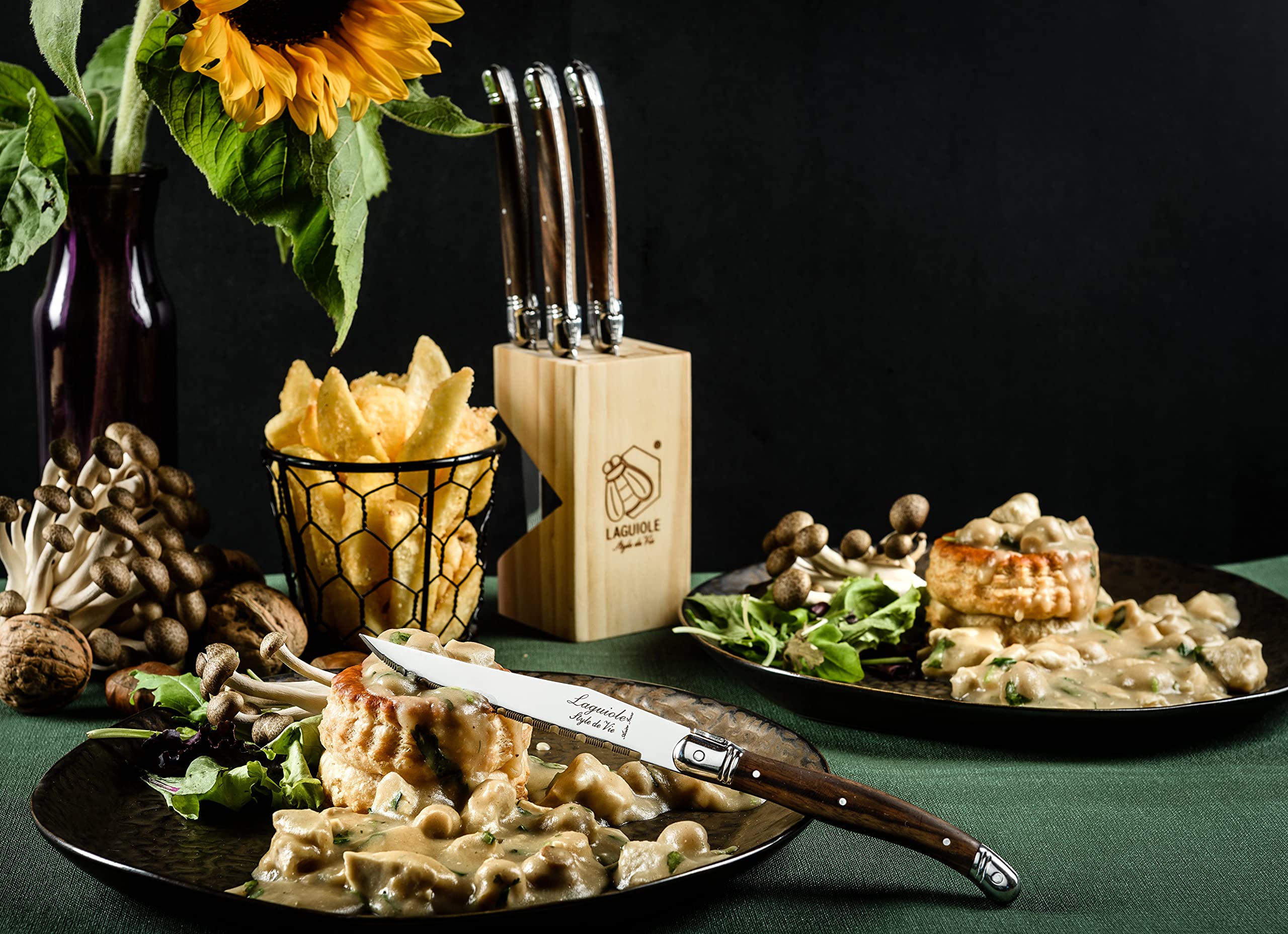 Laguiole Style de Vie Premium Line 6-częściowy zestaw noży do steków z ciemnego drewna, radełkowane, z drewnianym blokiem do przechowywania, nadaje się do różnych rodzajów mięsa i ryb