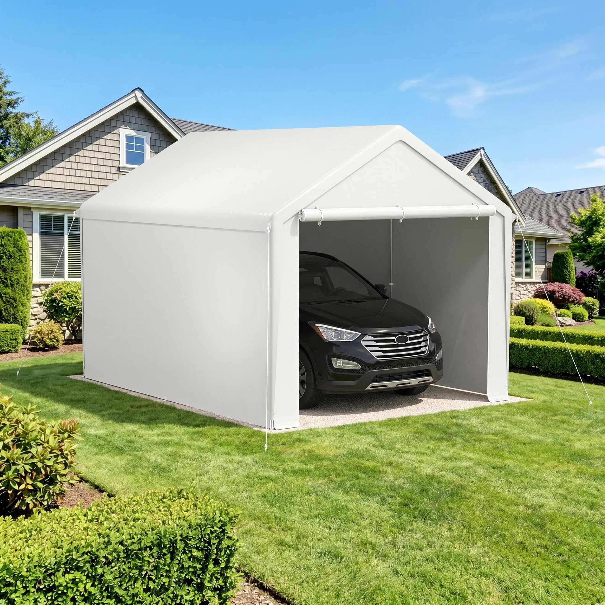 YARDIN 3X4M Outdoor Garden Storage Shed, Carport, Robust Storage Tent with PE Roof and Roll-Up Door, UV-Resistant Winterproof Shelter for Tools, Car and Garden, White