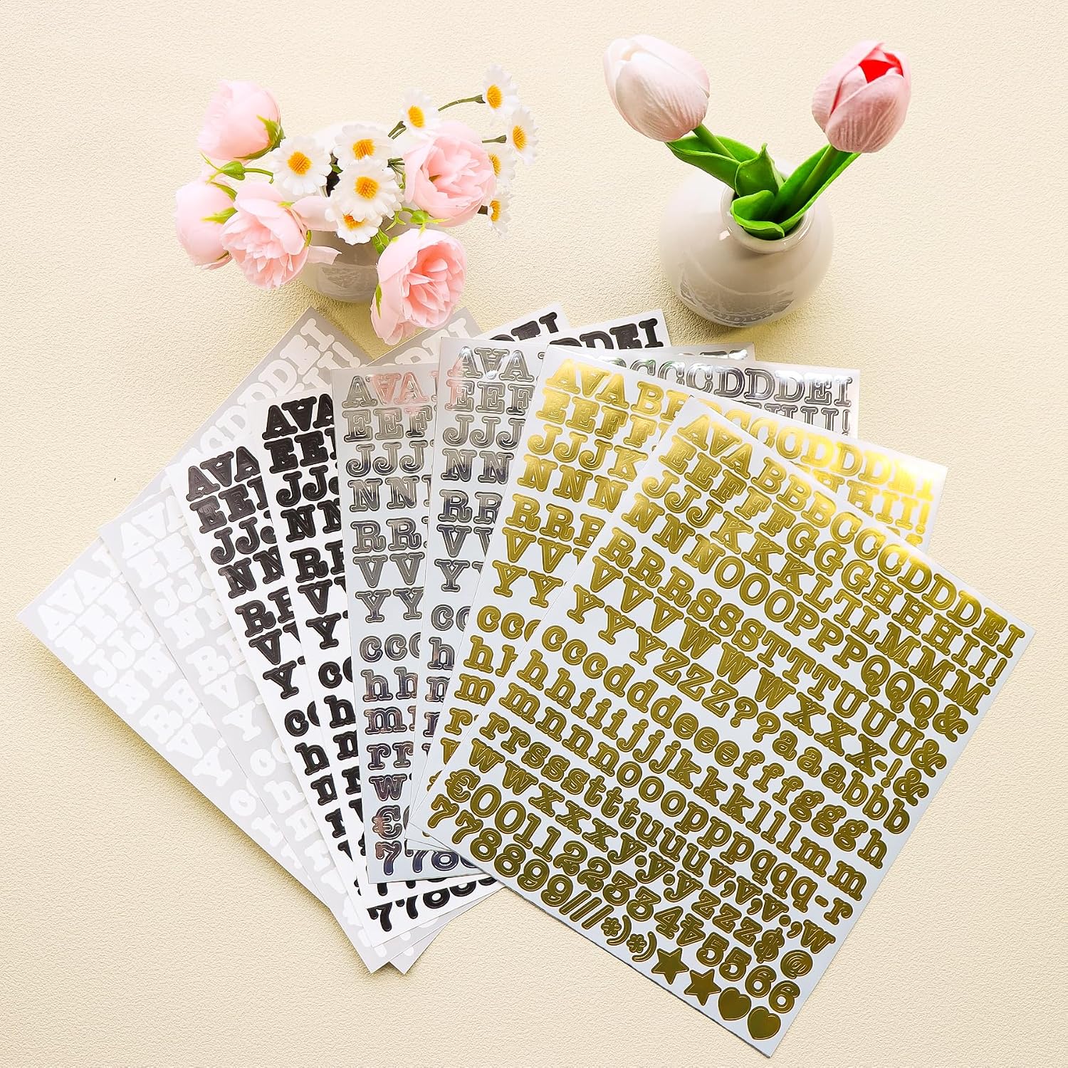 Vintage Alphabet and Number Stickers, 2050 Pcs, 0.5 Inch, Vinyl Self-Adhesive, Typewriter Style, 10 Sheets, for Scrapbooking (Gold)