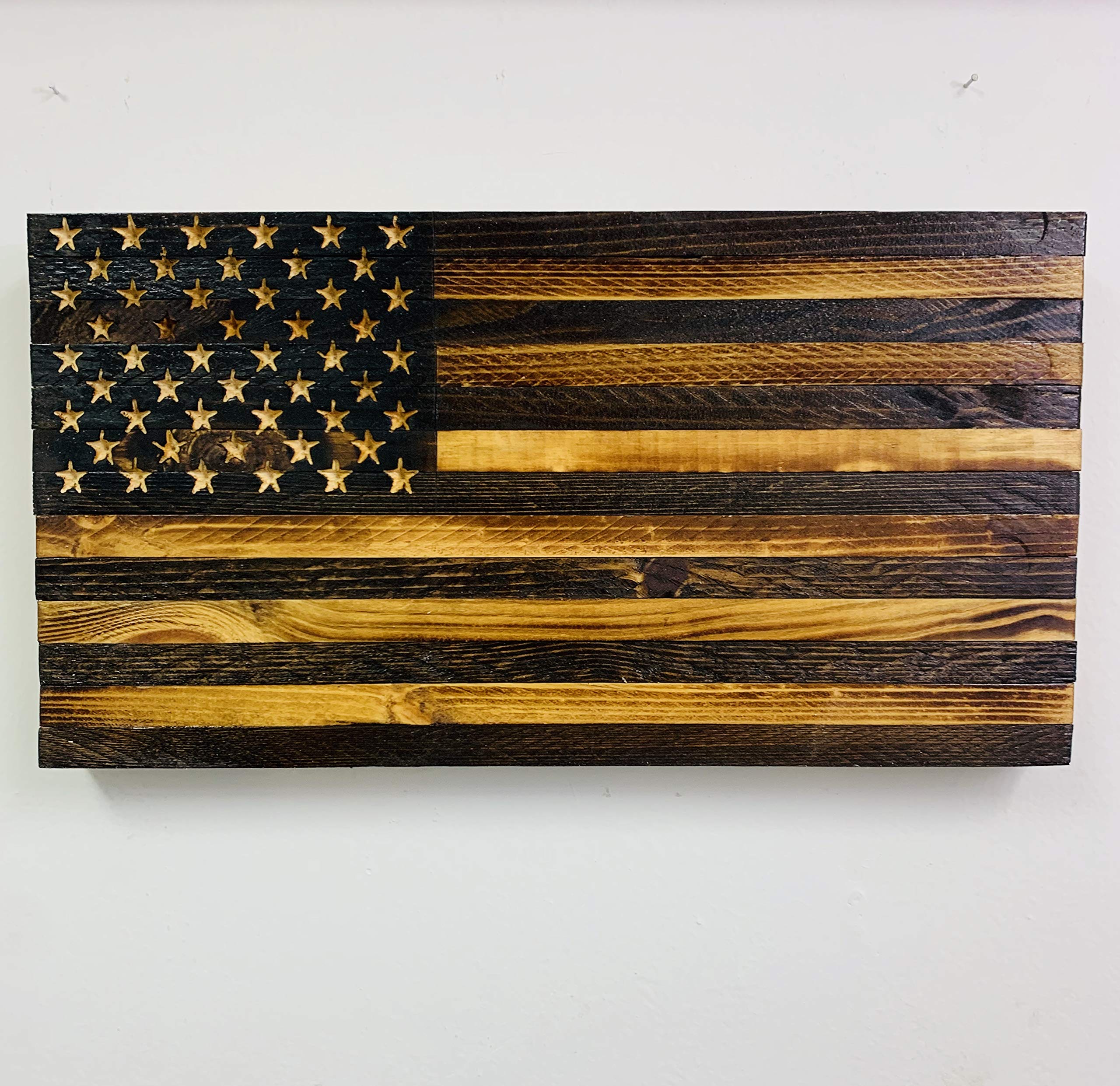 Flags Forever Custom Handmade Wooden American Flag with carved stars, Patriotic Wooden Flags Wall Art, Indoor & Outdoor Wooden Rustic American Flag Hanging ((Natural Finish) small 9.75 x18.5 x1.5