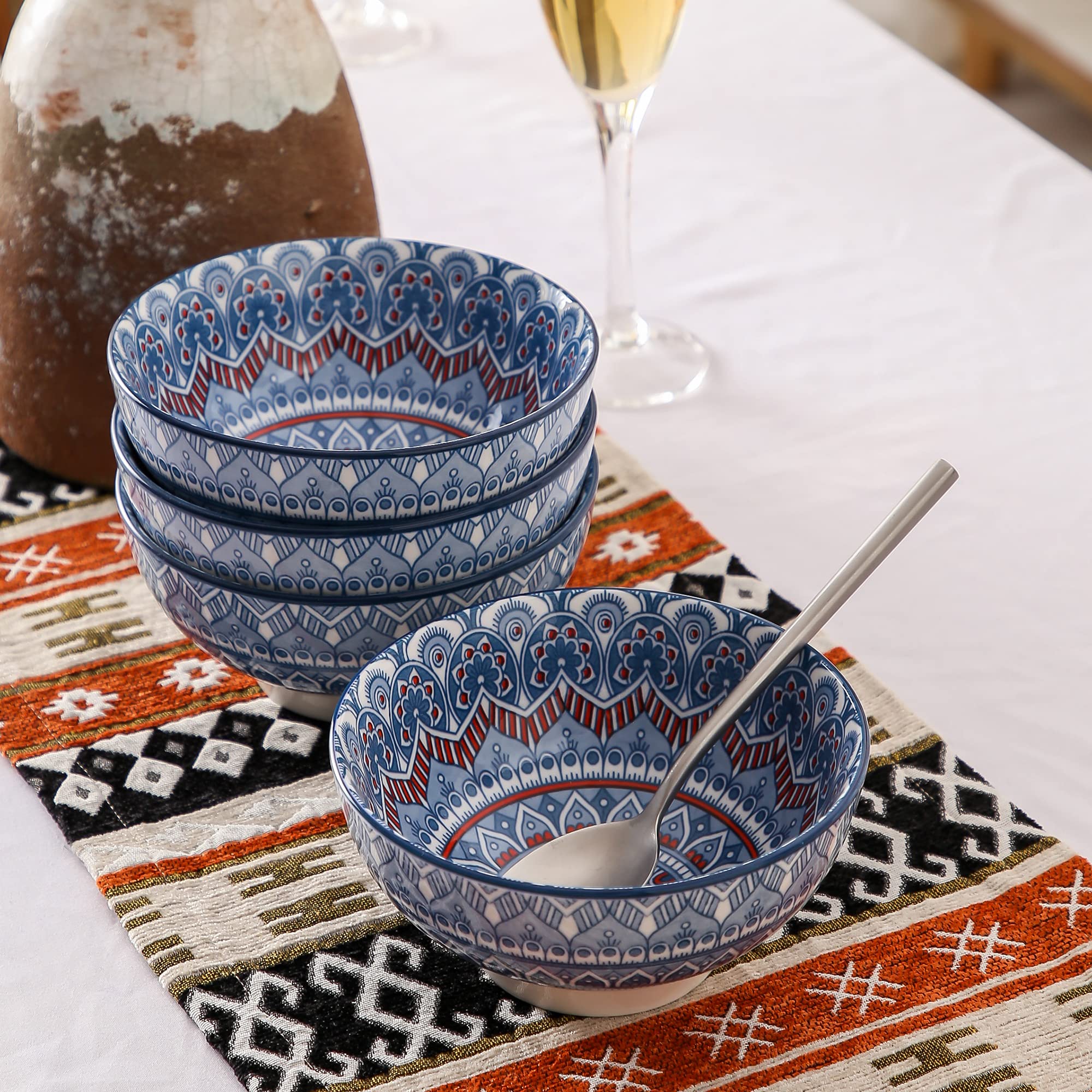 vancasso serie Mandala Cuencos para Cereales Juego de 4 piezas Tazones de Porcelana 650ML 15cm Tazon Redondo Pintado a mano Azul Claro
