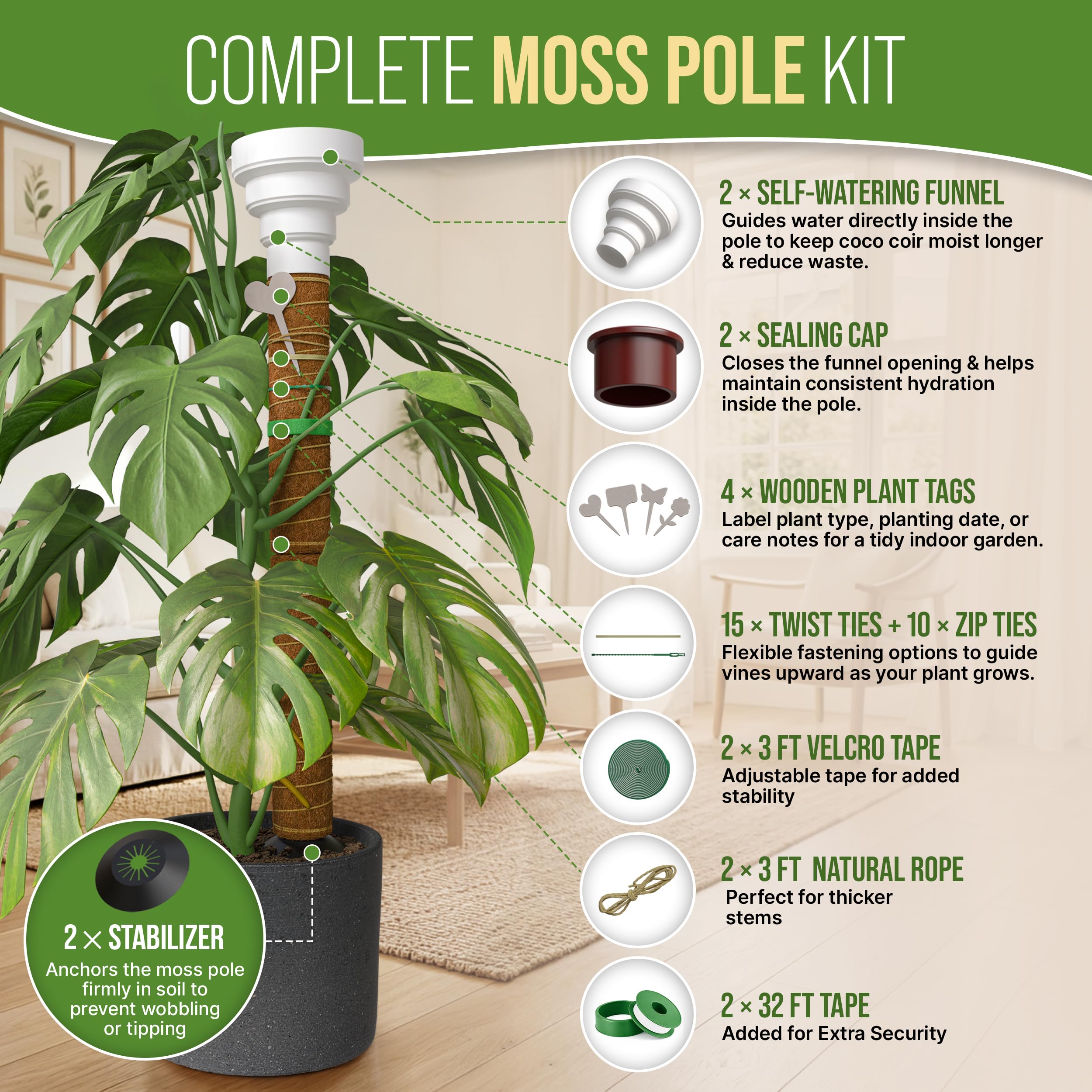 Organo Republic Paletti di supporto per piante Monstera in muschio, 2 x 26,4 o 123,7 cm, unico, autoirrigante, estensibile, in fibra di cocco per piante rampicanti, per piante in vaso da interni