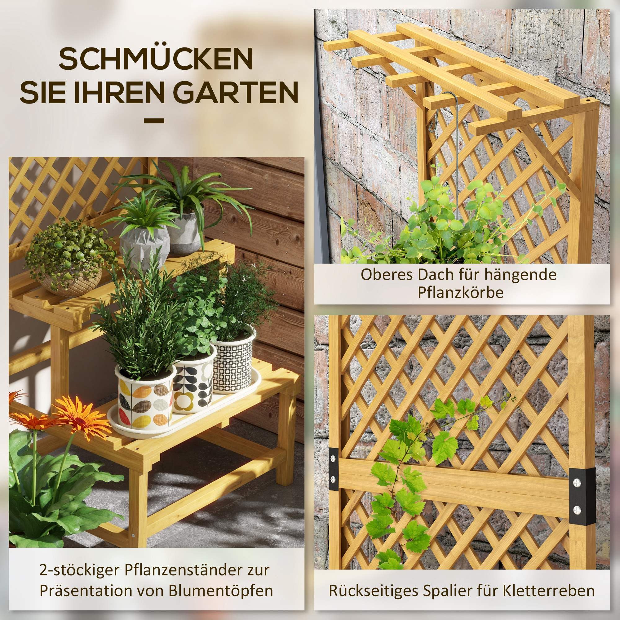 Outsunny Plantenstandaard met 2 etages met klimhulp, 166 cm hoog, bloemenstandaard voor binnen en buiten, plantenrek van hout, bloemenrek, bloementrap voor woonkamer, tuin, balkon, decoratie, geel