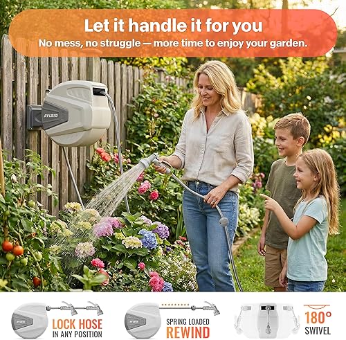 Miniatura 3 de Ayleid Carrete de manguera de jardín retráctil, carrete de manguera montado en la pared de 1/2 pulgada x 100 pies, con boquilla rociadora de 9 Gris-A