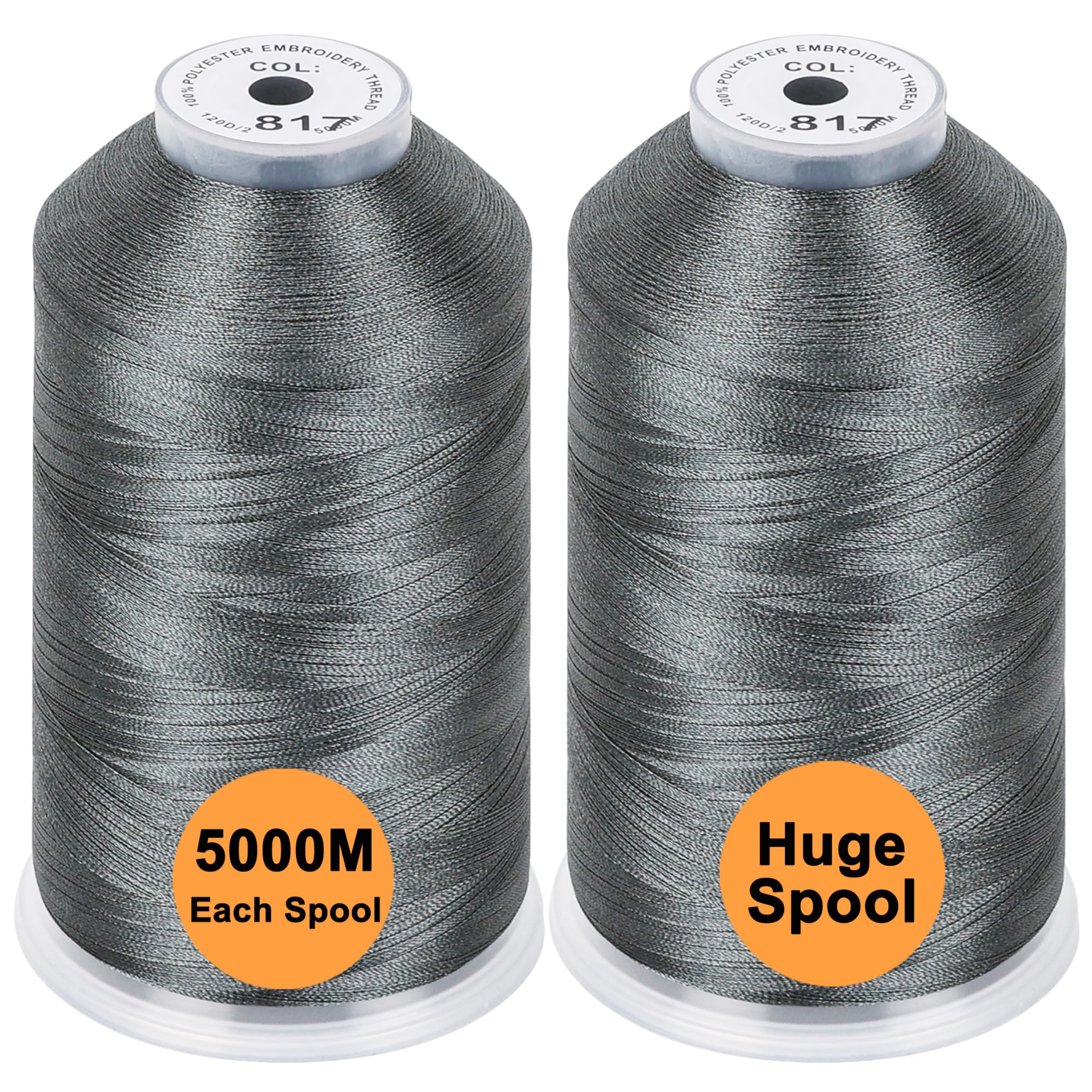 New brothread Set of 2 Polyester Machine Embroidery Thread Huge Spool 5000M for All Embroidery Machines - Gray