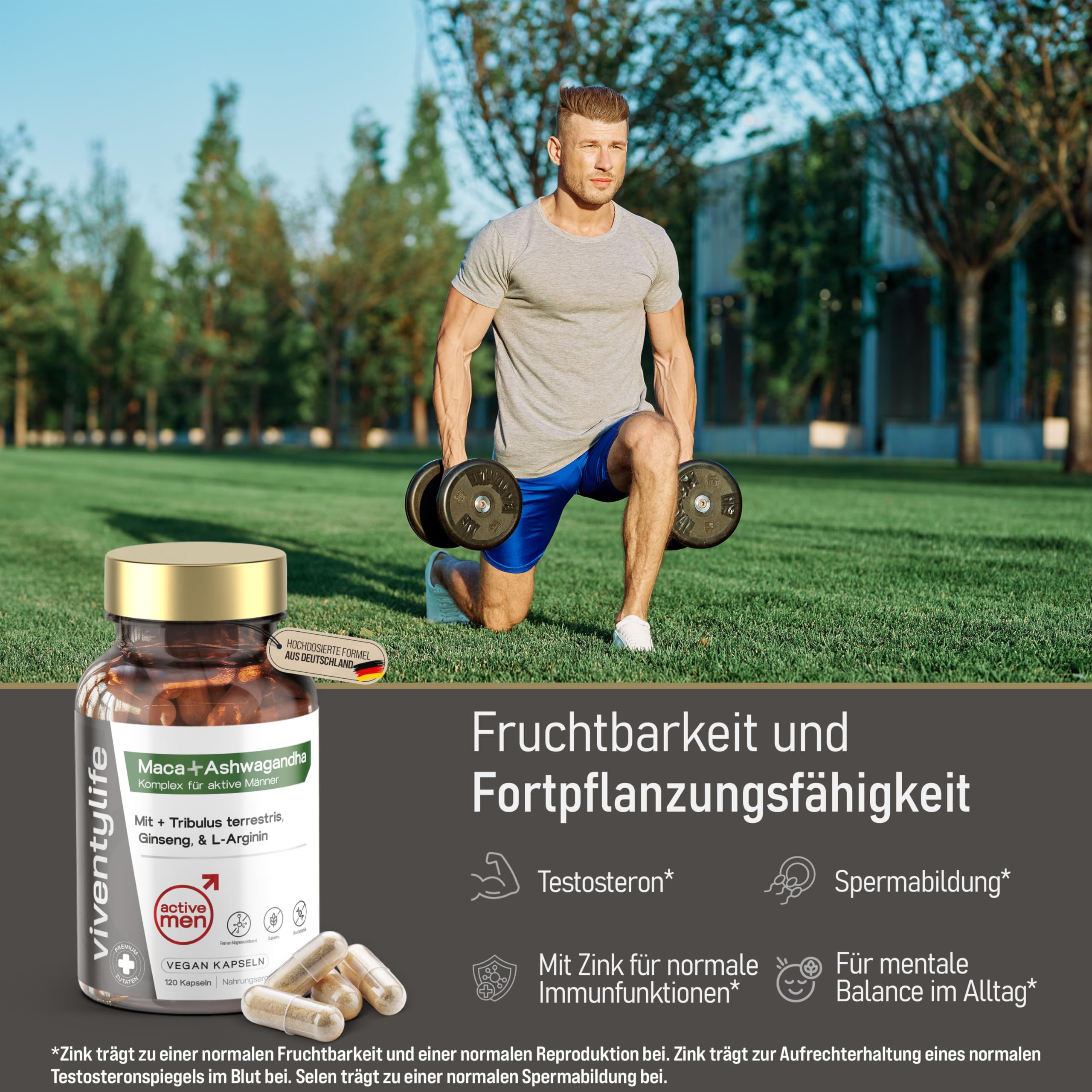 Active Men Maca Komplex für Männer TESTOSTERONSPIEGELS¹ Kapseln mit Ashwagandha, Tribulus, Ginseng, Zink, L-Arginin, Vitamin D & E, 8 Aktive Inhaltsstoffe, 120 Vegan Kapseln