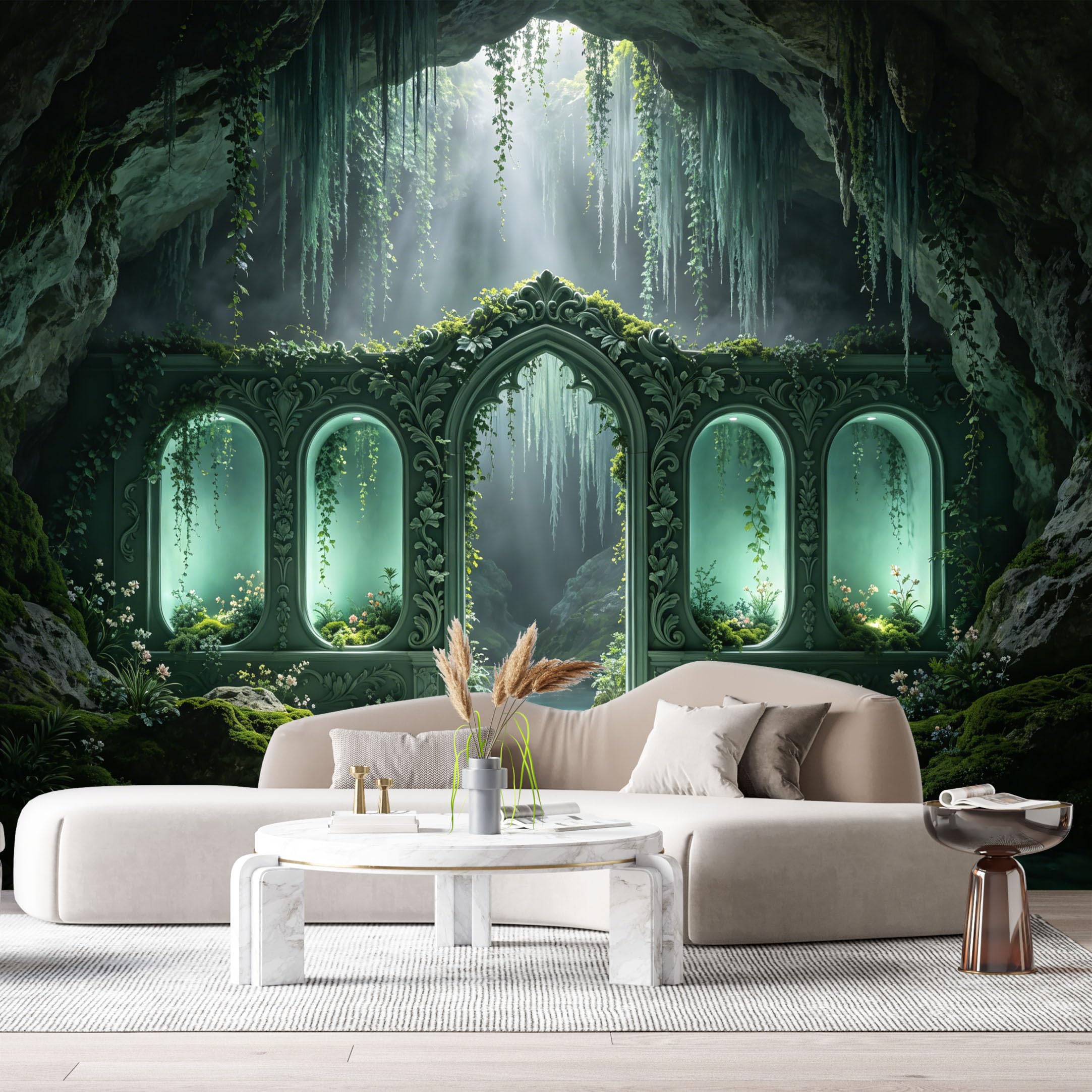Custom Size Wall Murals Mystical Cave Enchanted Forest Teal Luminescence Oil Painting 3D Trompe L'Oeil SelfAdhesiveWall Fabric Removable Wallpaper Wall Decor for Living Room Bedroom