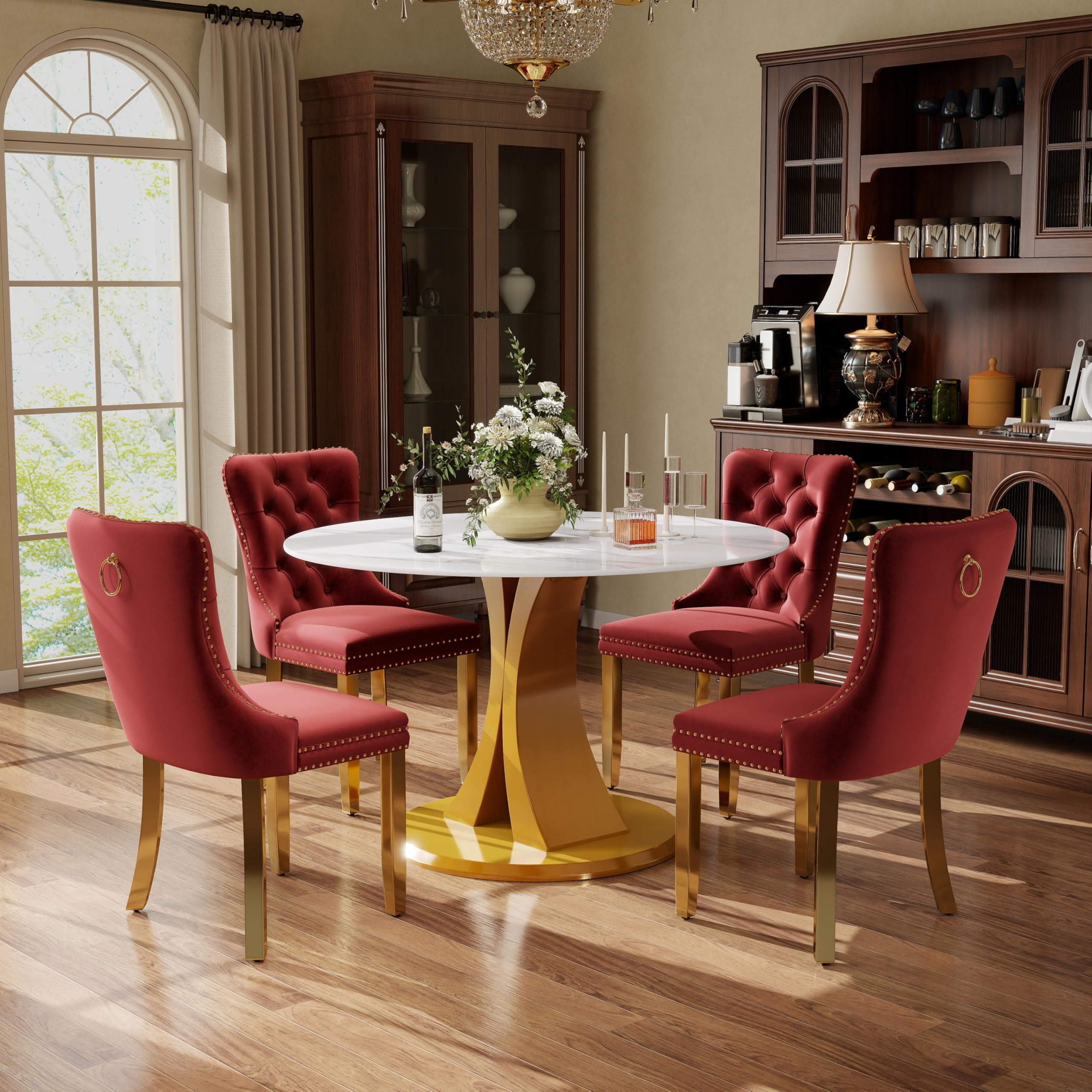 5-Piece Dining Table Set with 39In Faux Marble Table and 4 Velvet Upholstered Chairs, Modern Scandinavian Furniture for Dining Room Kitchen(Burgundy&amp;Gold)