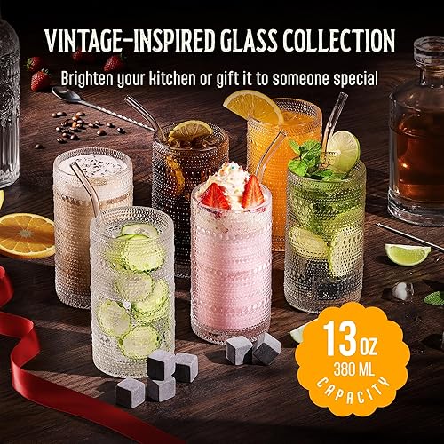 Miniatura 2 de Juego de 6 vasos de 12 onzas con borde en relieve - Juego de vasos multiusos transparentes, juego de vasos decorativos para bar, cocina, vasos para