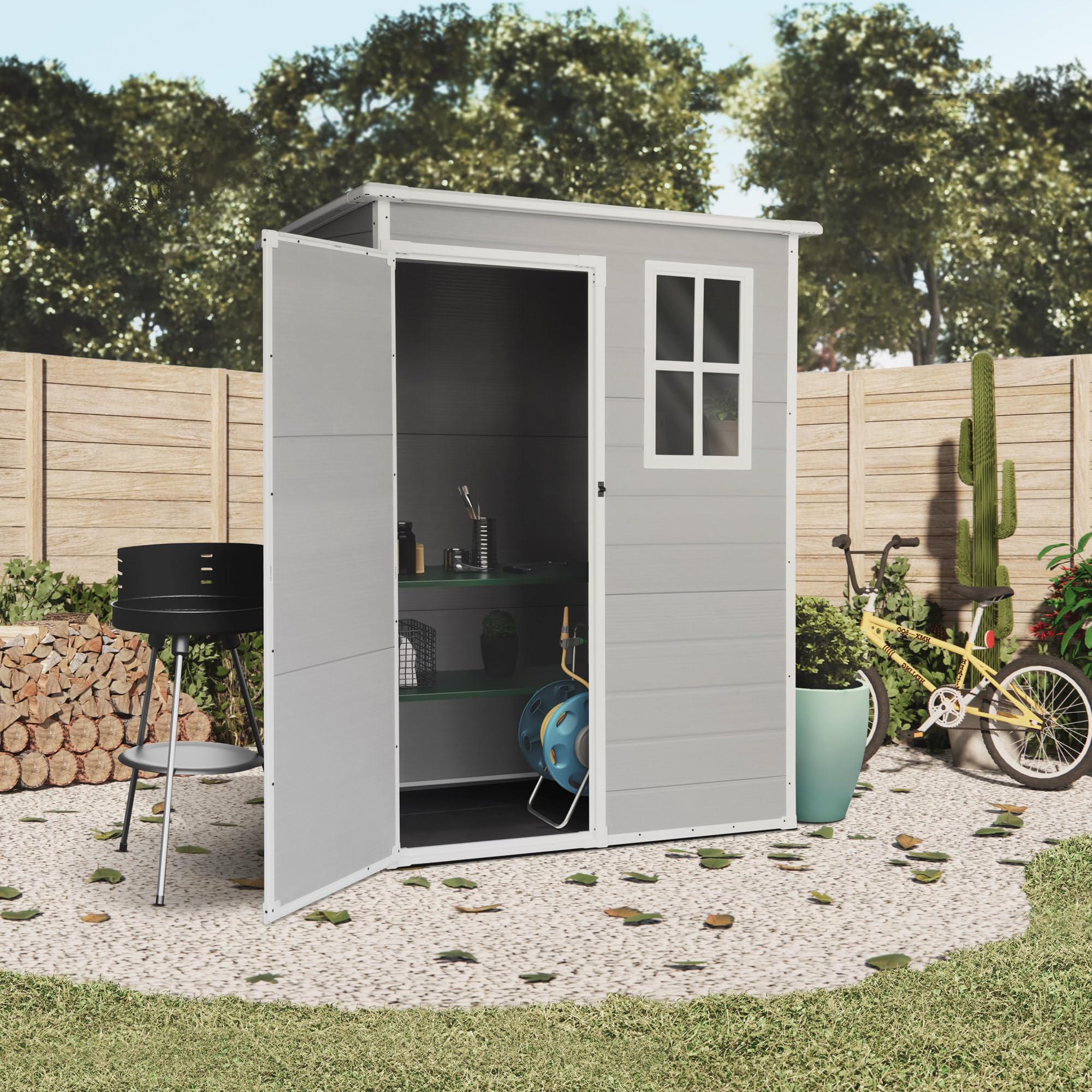 Wasabi - Caseta de Resina Jardín Aqua 1.4 – Ventana Luz Natural – Suelo Incluido - Paneles 12mm de Espesor - Gris Blanco - Cobertizo PVC Almacenaje Exterior - 1,37m2 Techo Dos Aguas - 3