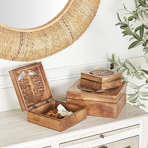 Miniatura 2 de Deco 79 Caja decorativa floral de madera de mango con tapa con bisagras, juego de 3 cajas de almacenamiento de 8 pulgadas, 10 pulgadas, 12 pulgadas