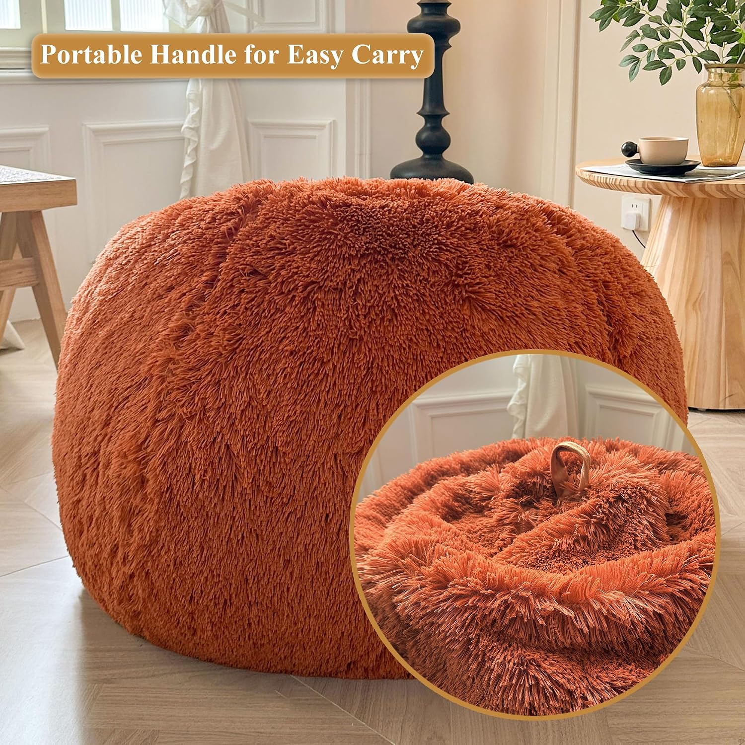 XeGe Cozy Fluffy Faux Fur Bean Bag Chair Cover(No Filler), Burnt Orange image 5