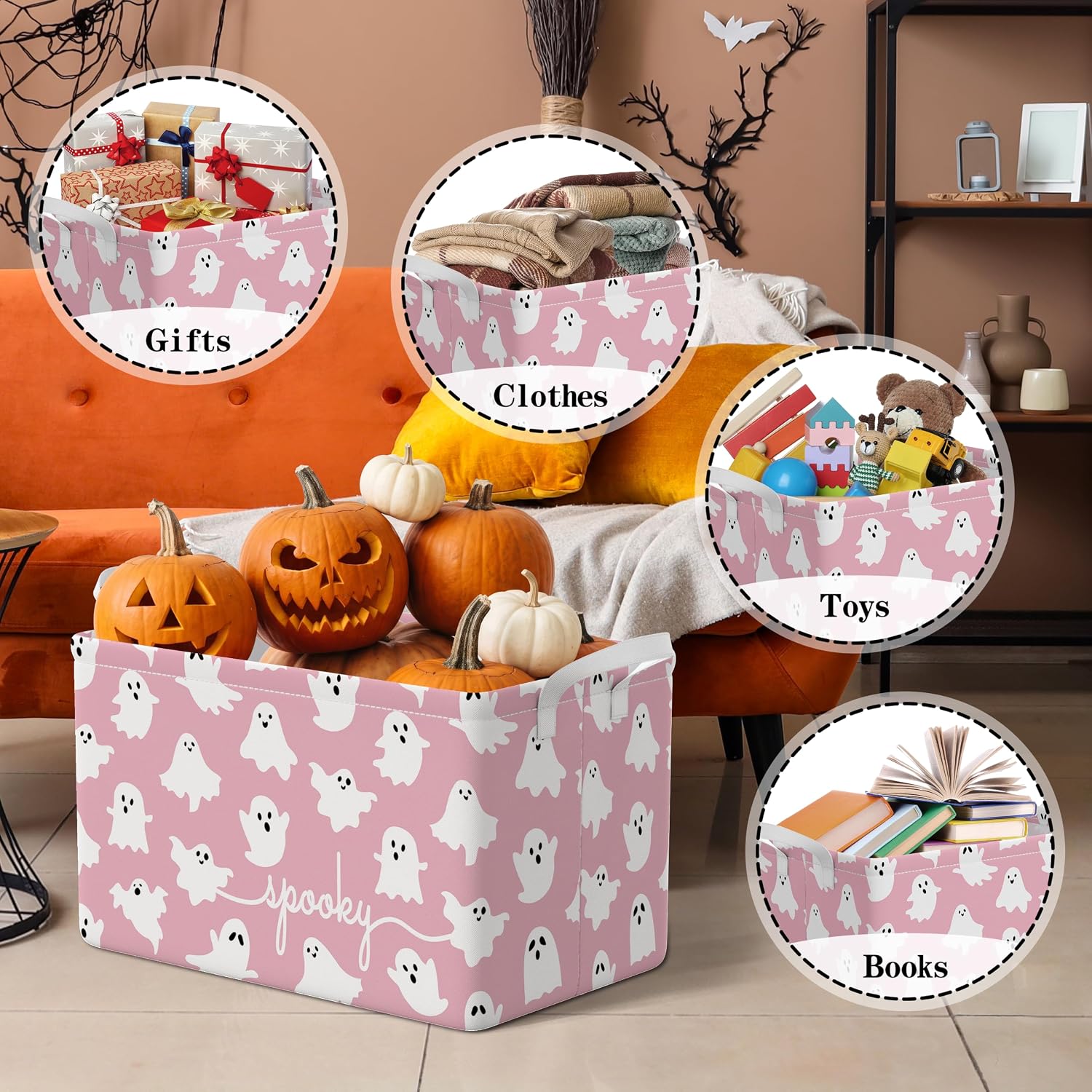 Halloween Spooky Basket Pink Ghost Storage Bin with Handles (Pink White)