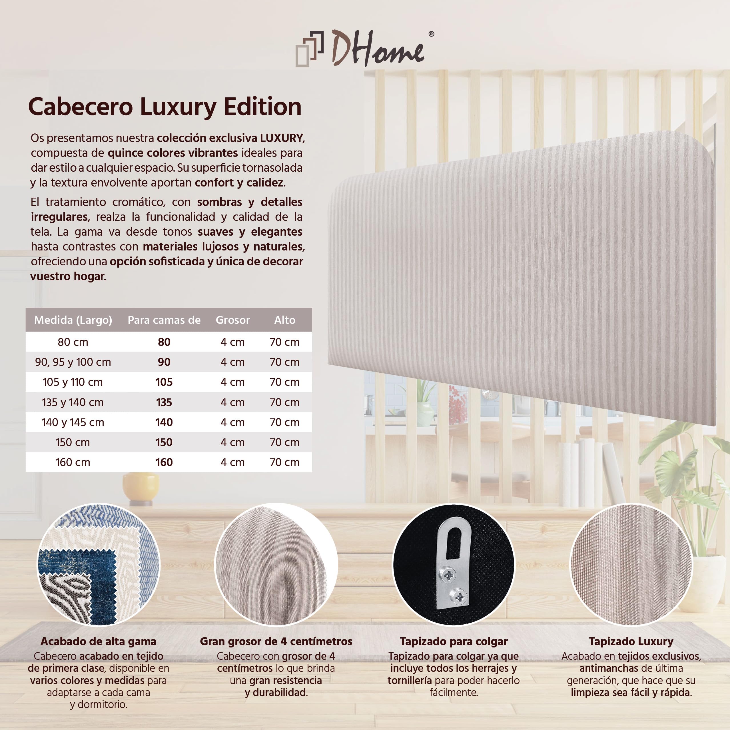 DHOME Cabecero Tapizado Liso Curvo Luxury Edition 70cm Altura para Pared Acústicos Cabeceros Absorbentes Cabezal Cama Dormitorio (Cream, 160cm)