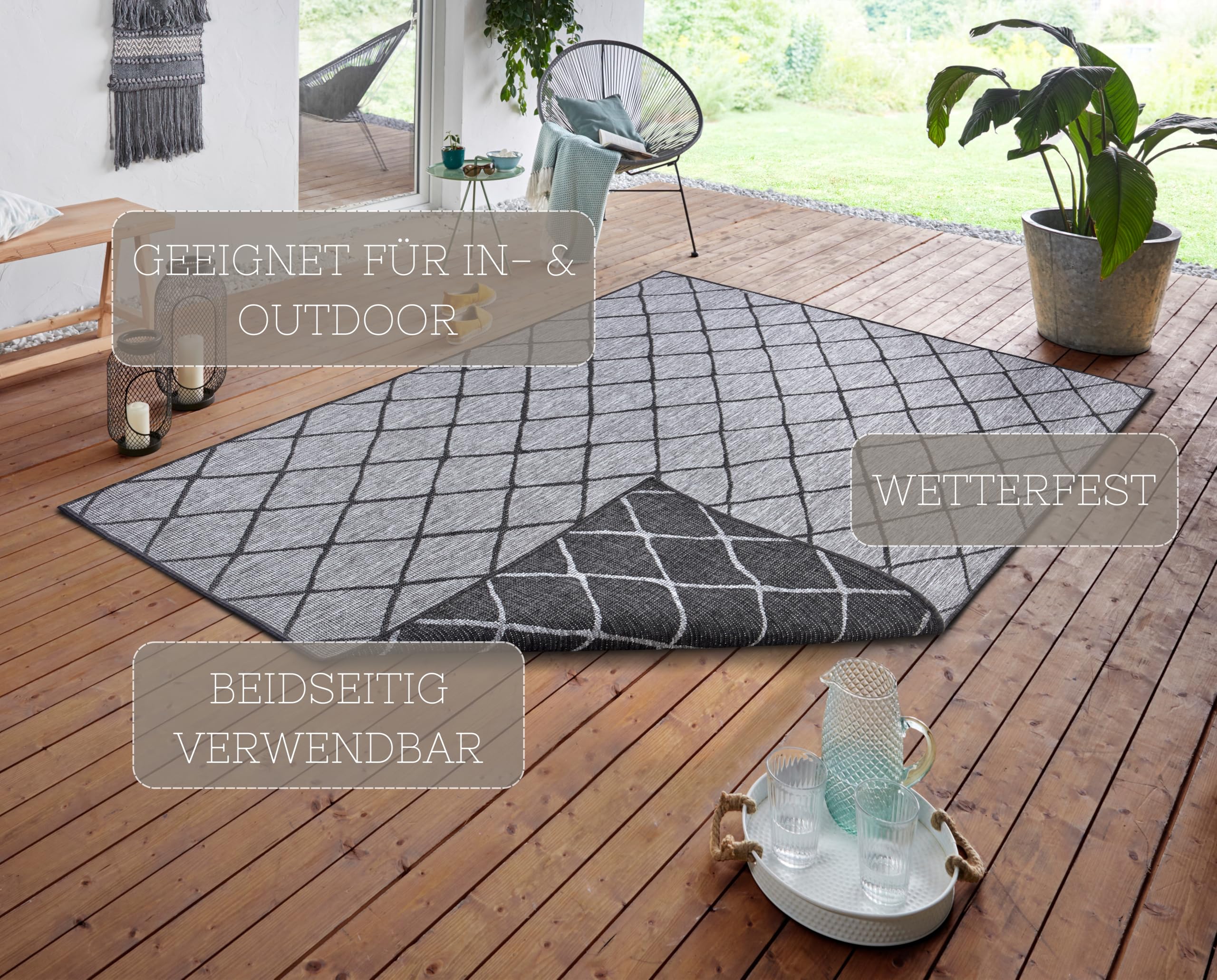 NORTHRUGS In- und Outdoor Teppich Malaga 120x170cm - Wendeteppich Wetterfest Modernes Geometrisches Muster für Balkon Terrasse Garten Wintergarten Küche Wohnzimmerteppich Wasserfest in Night Silver