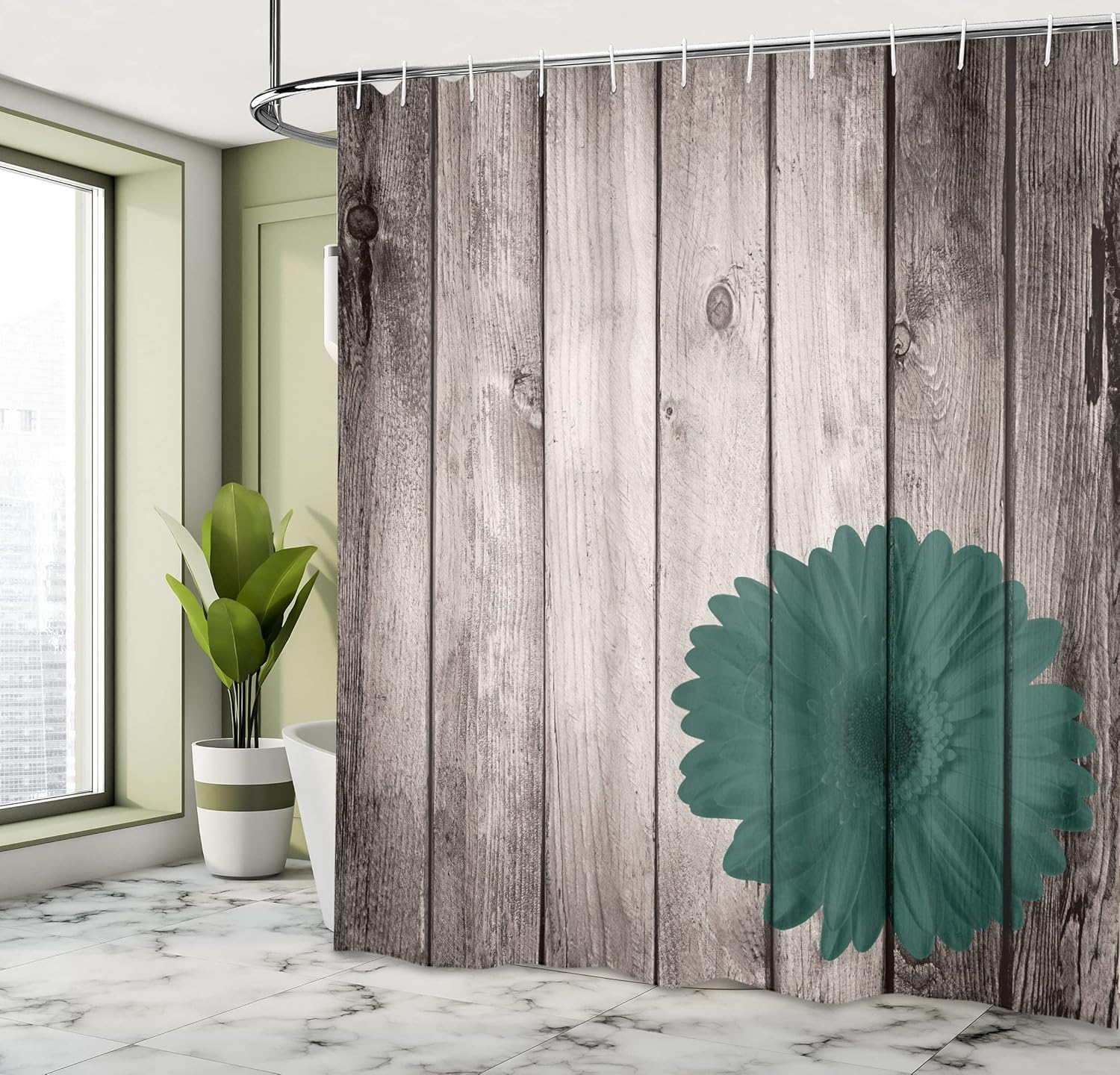 Ambesonne Rustic Shower Curtain, Flower Red Dahlia on Foreground of Murky Featured Dated Wooden Board Retro Art Print, Cloth Fabric Bathroom Decor Set with Hooks, 69" W x 75" L, Jade Green