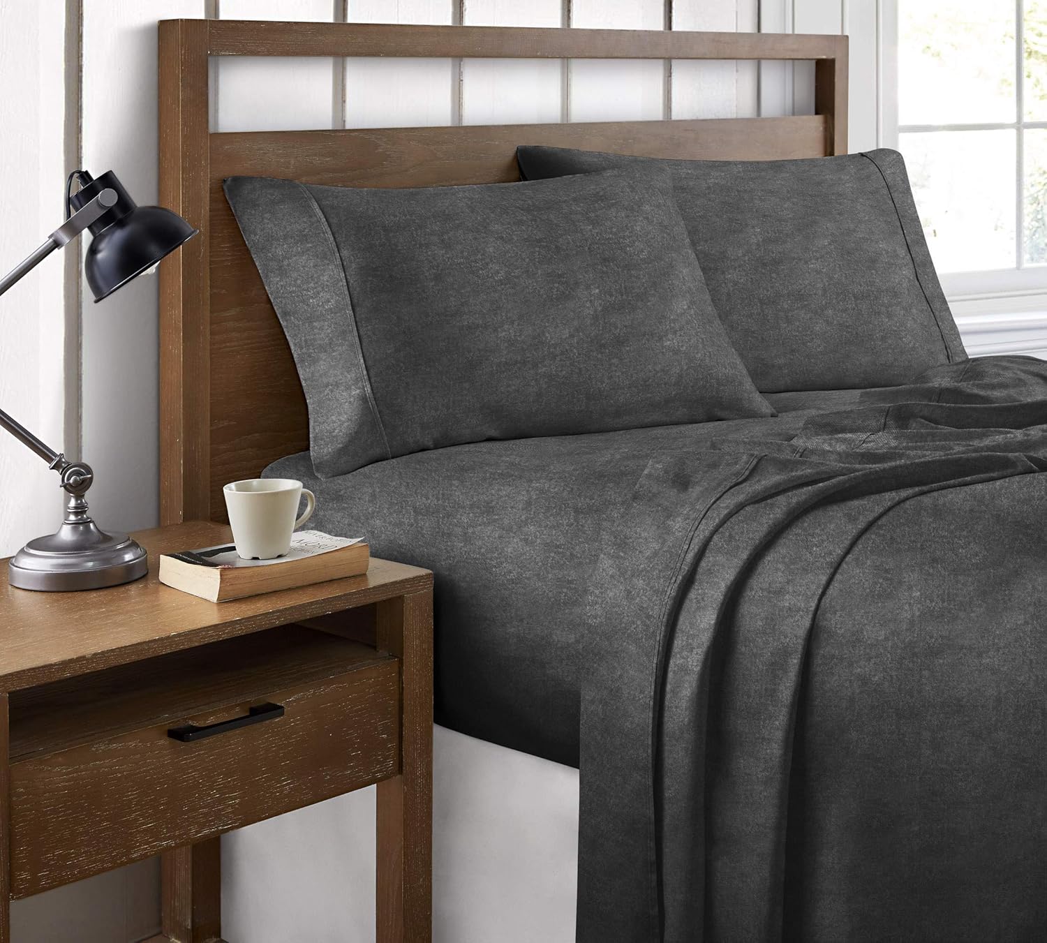 Brielle Home Heather Printed 100% Organic Cotton Crisp Cool Soft and Breathable with Deep Pockets 4-Piece Bed Sheet Set, Full, Charcoal