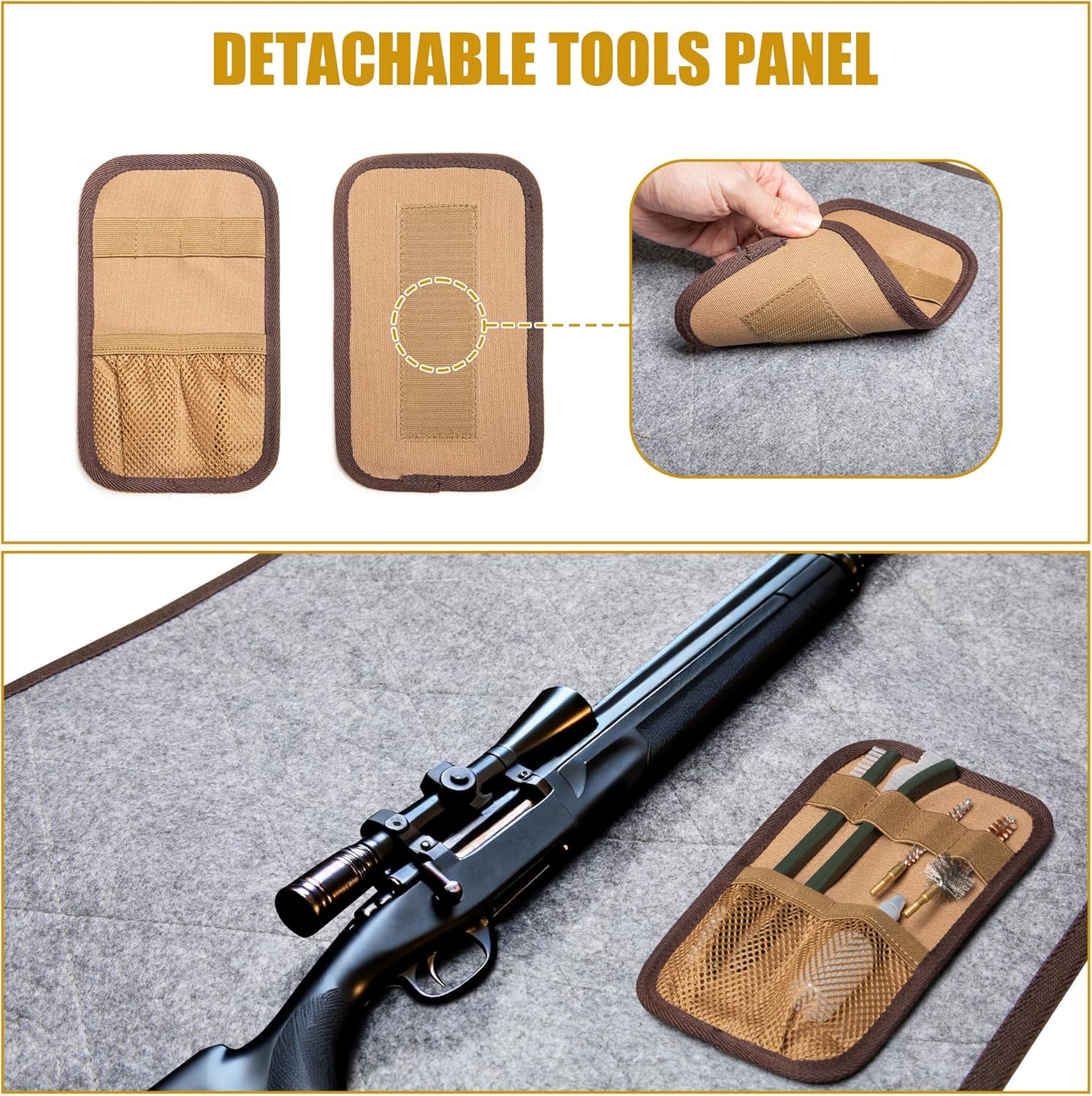 Large Gun Cleaning Mat for All Guns, Roll Up Rifle Cleaning Pad with PVC Accessory Organizer for Shotgun Handgun Pistols, Portable Canvas Gun Clean Mat with Shoulder Strap Khaki