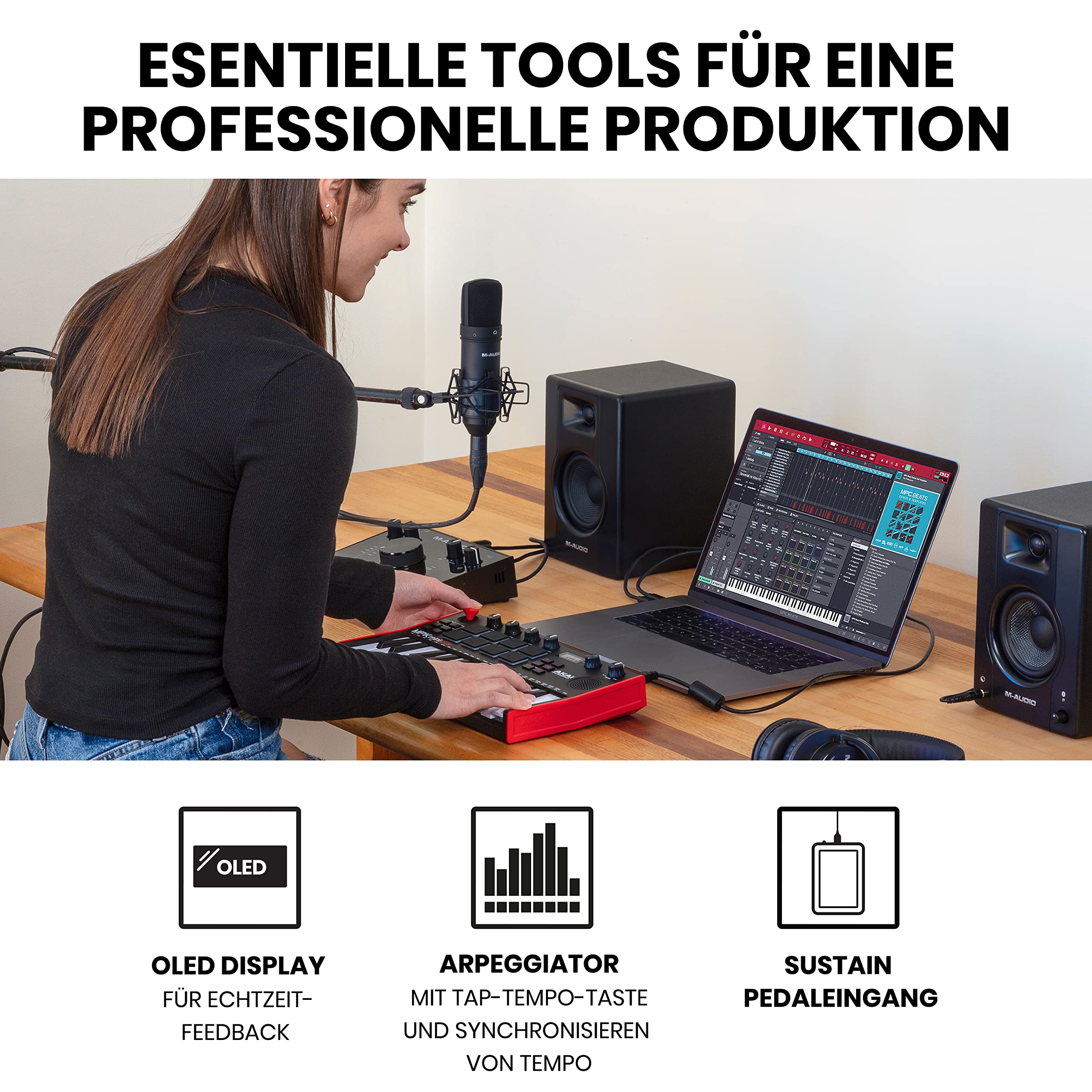 AKAI Professional MPK Mini Play MK3 und M-Audio HDH40 - MIDI Keyboard Controller mit eingebautem Lautsprecher und Sounds und Over-Ear Studiokopfhörer