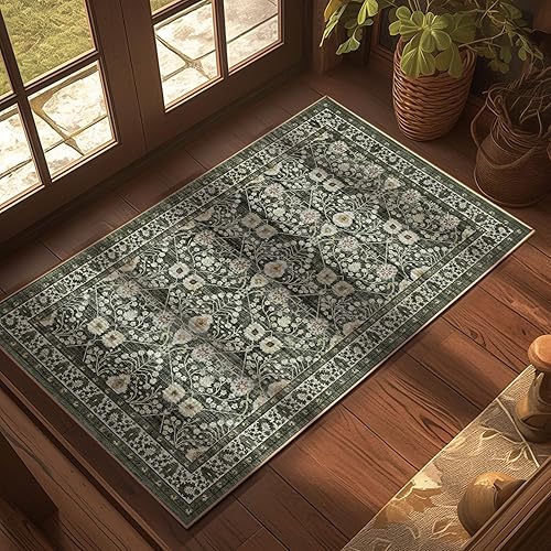 Dark Green Entryway Rug 2x3 Machine Washable Rug Small Area Rug TPR Non Slip Ultra Soft Front Door Mat Floral Rug Indoor Entrance Carpet for Laundry Room Kitchen Kids Room Bathroom