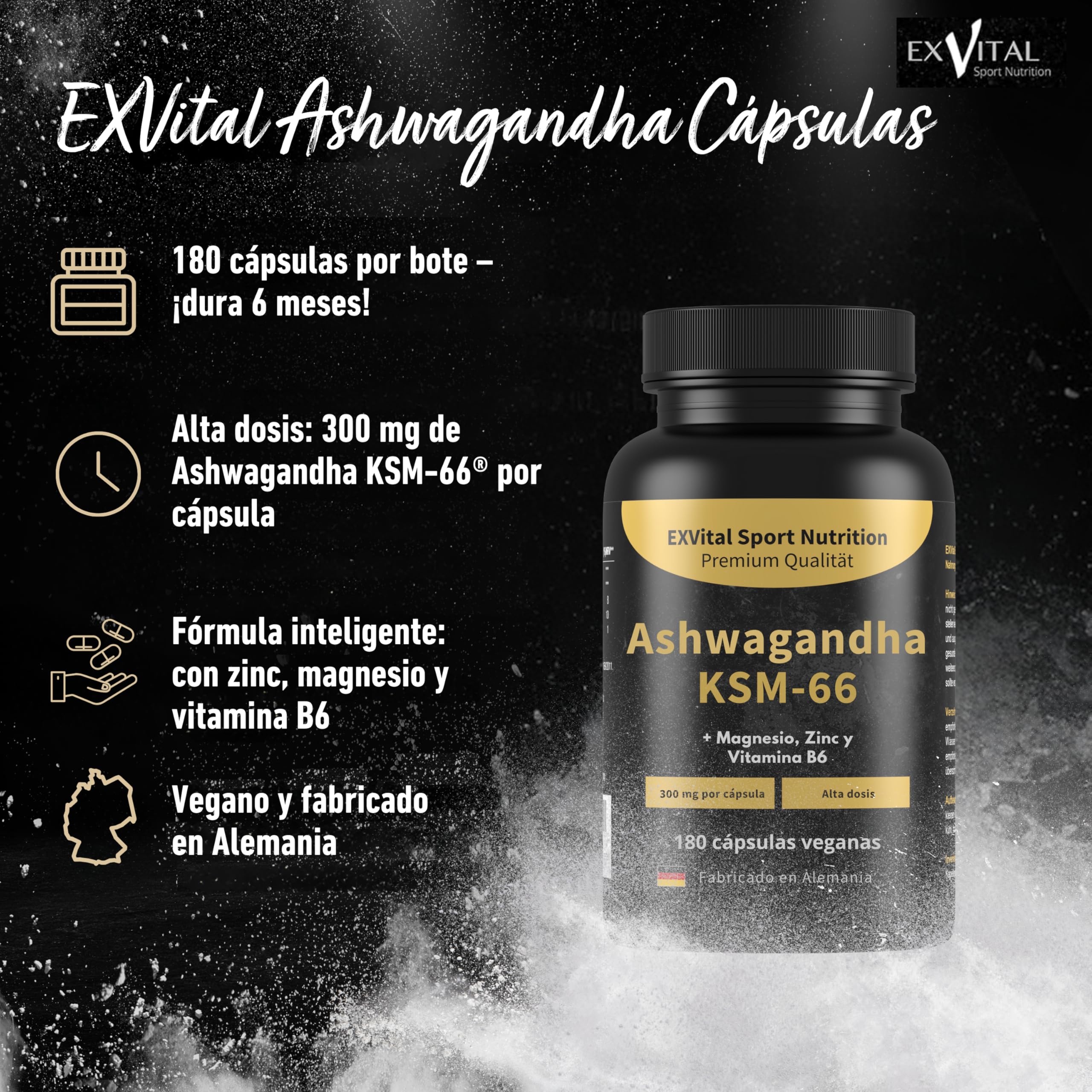 Ashwagandha KSM-66, Materia prima premium, 600 mg por día, 180 cápsulas (para 3 meses), probado en laboratorio, vegano, altamente dosificado y fabricado en Alemania
