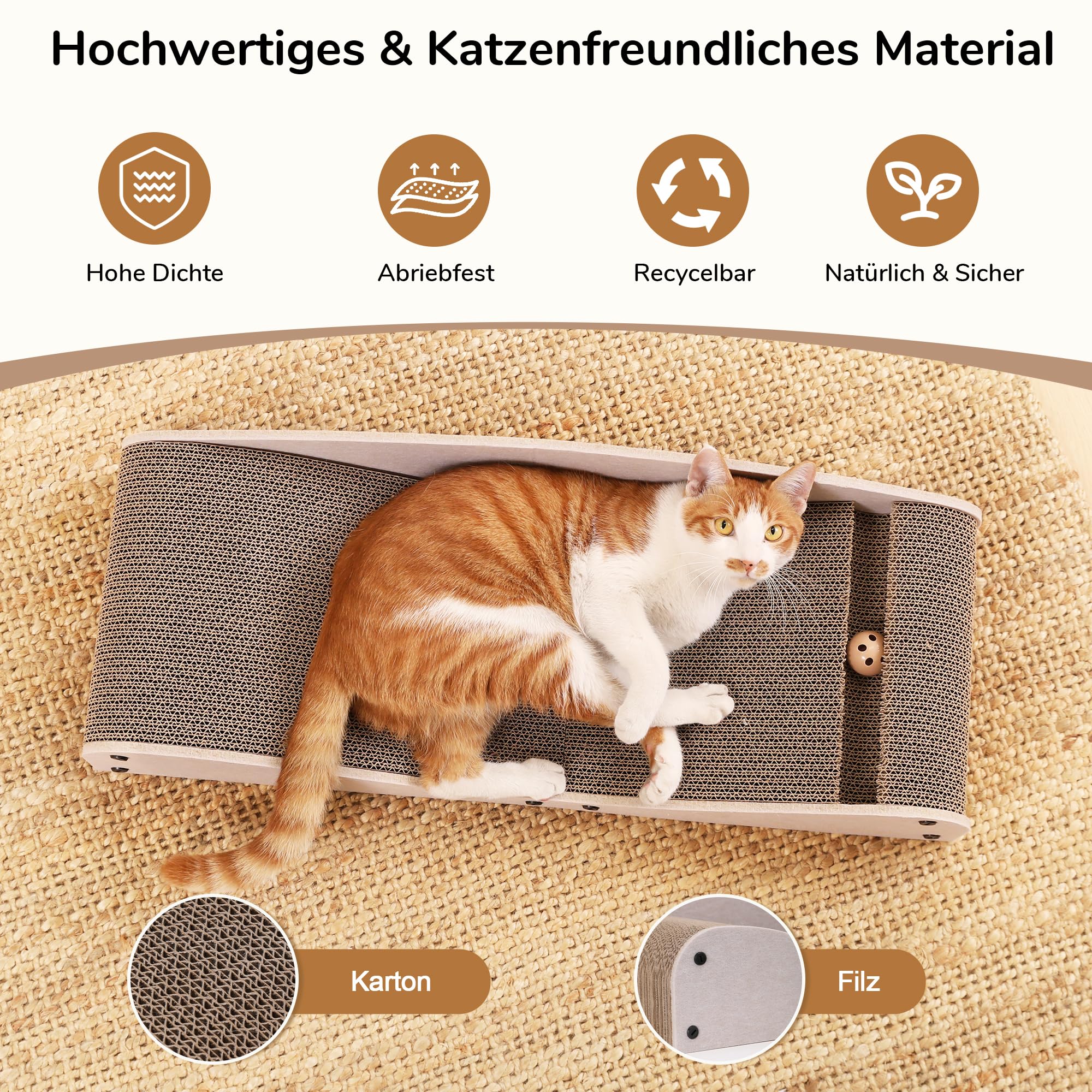 FUKUMARU Kratzbrett Katzen,74 cm langlebiges Kratzpappe und Filz, große Liege, recycelbares Katzenkratzbett aus Wellpappe mit Ball, Kamel
