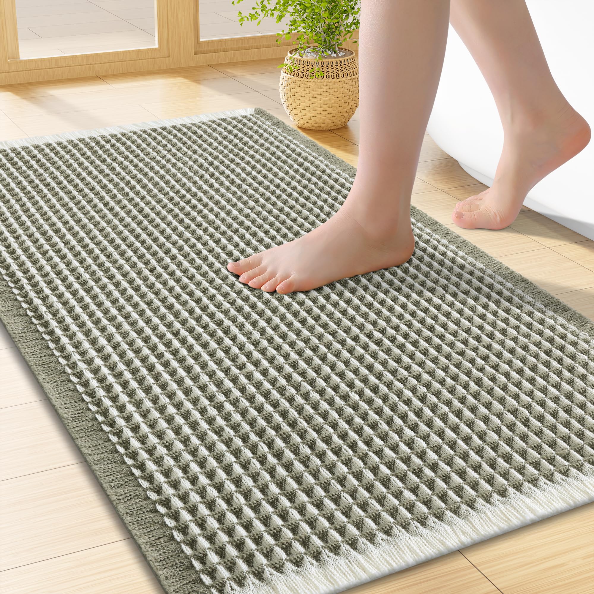 Smiry Waffle Bath Mat 24X16, Soft Absorbent Bathroom Rugs, Green &amp; Cream
