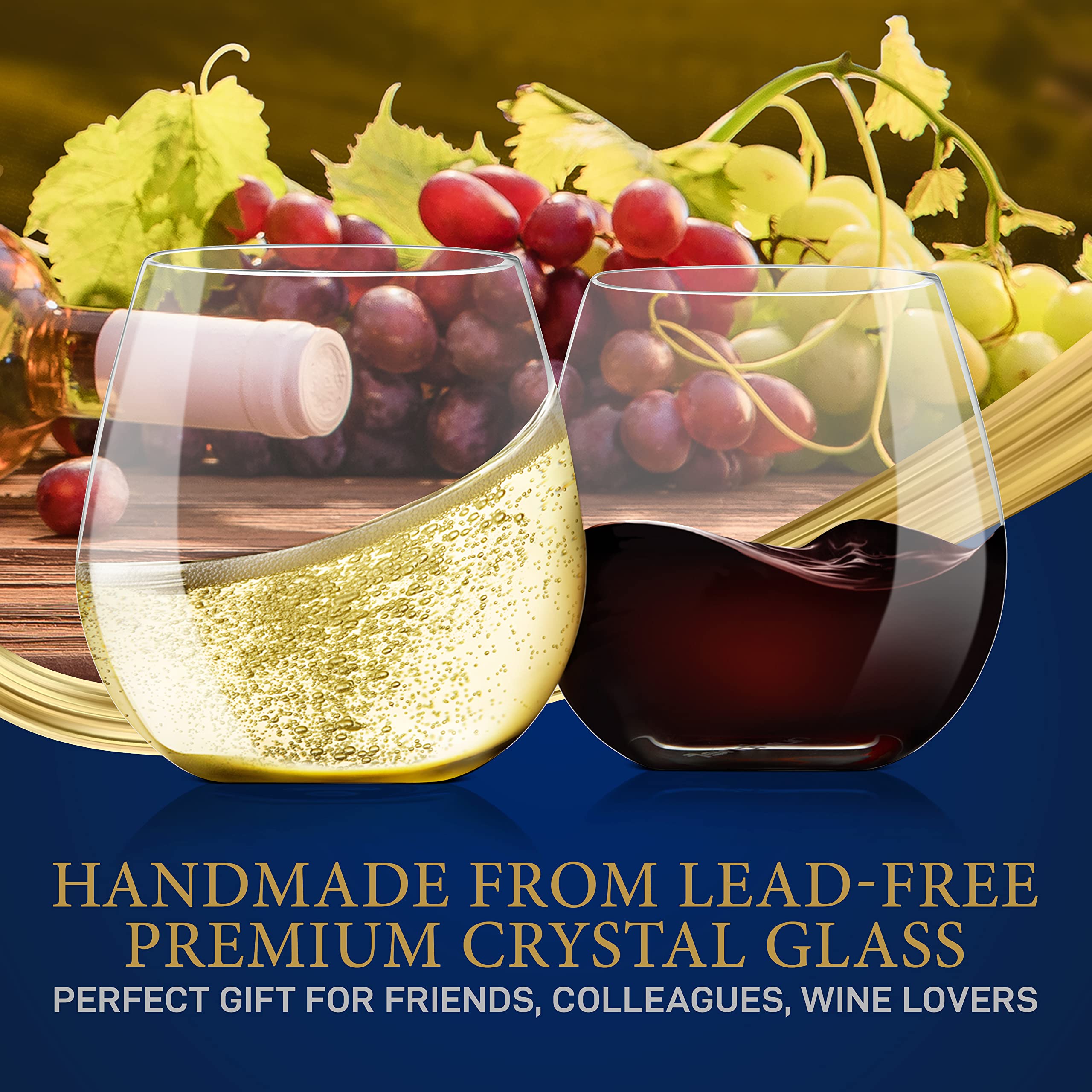 NutriChef Copas de vino sin tallo de 15 onzas, juego de 4 vasos de cristal transparente ultrafinos y elegantes, sin plomo, soplado a mano, sin costuras, apto para lavavajillas, para cualquier ocasión