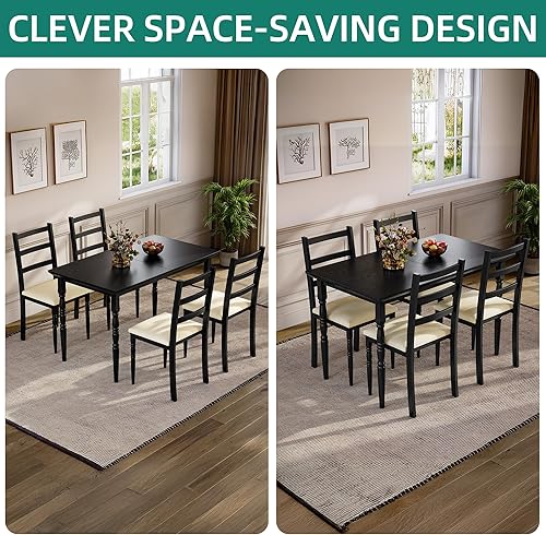 Miniatura 6 de YITAHOME Juego de mesa de comedor de 5 piezas para 4, mesa de comedor de estilo granja con sillas, tapizada en cuero sintético, juego de mesa de