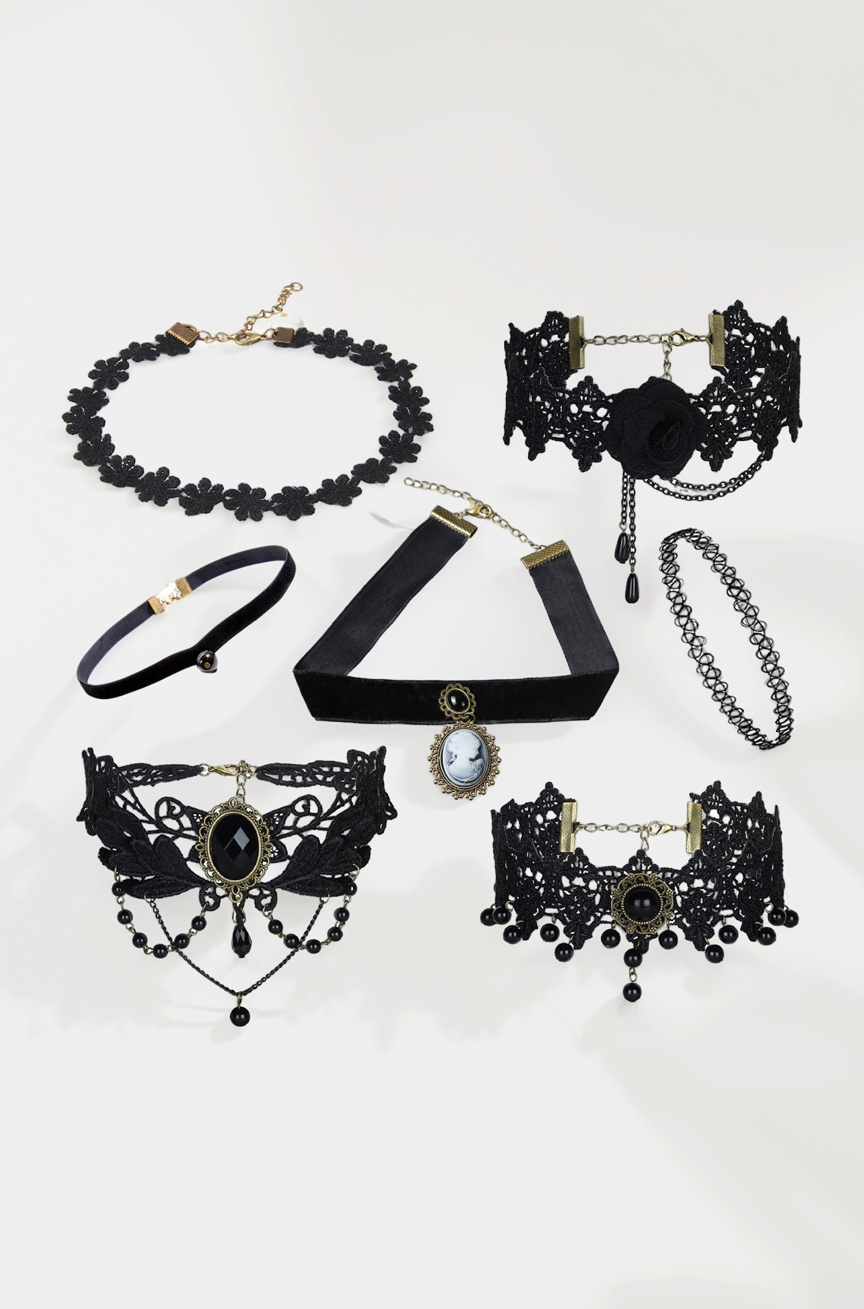 Jewellery Girls/Women's Black Fabric Lace Chokers Stylish Necklace Combo Set of 7 Pieces (cmb271)