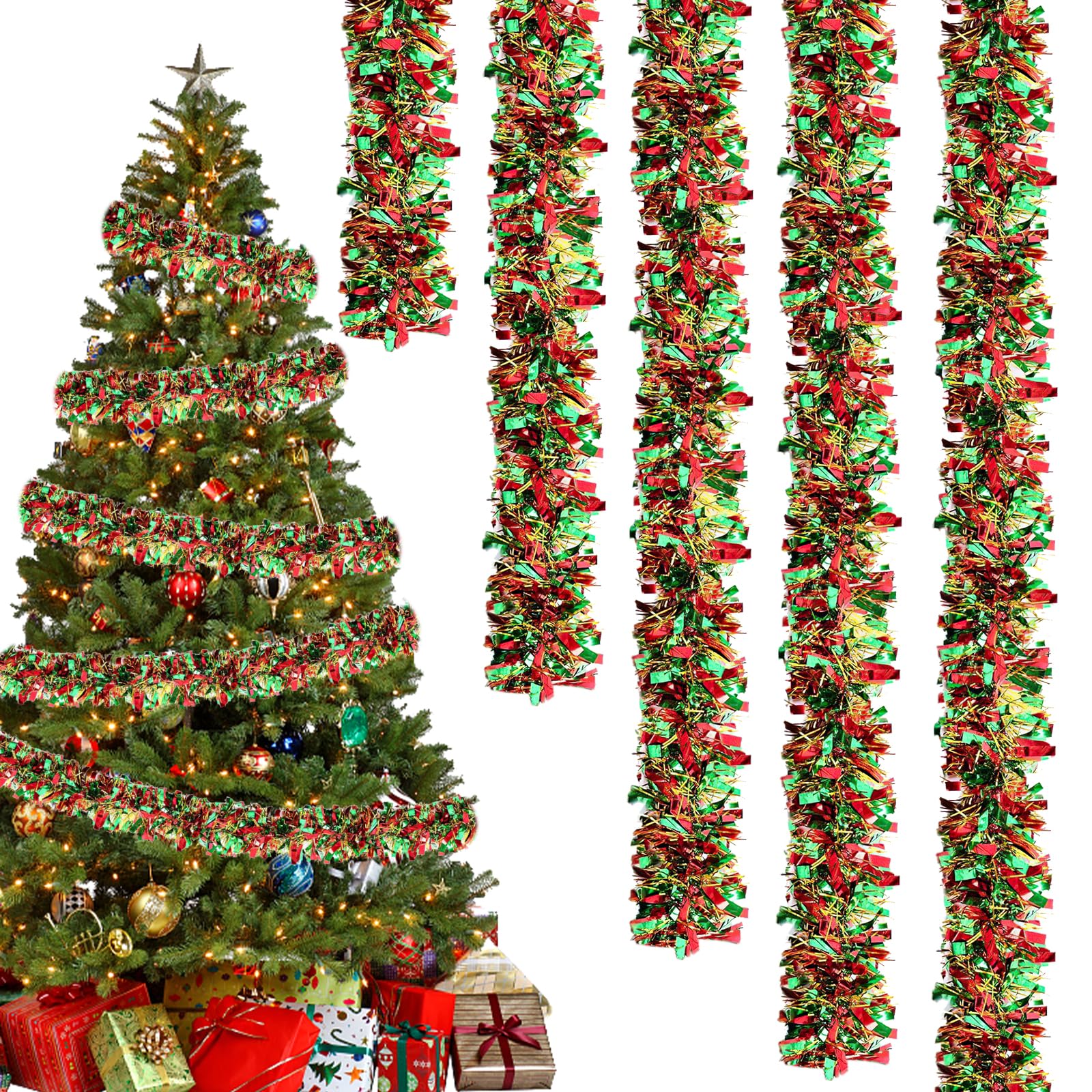 QKEINV 32.8 Feet Christmas Metallic Twist Tinsel Garland, Xmas Glitter Garland, Colorful Tinsel Garlands, Chunky Metallic Shiny Hanging Garlands for Christmas Tree Party Supplies (Red, Green, Gold)