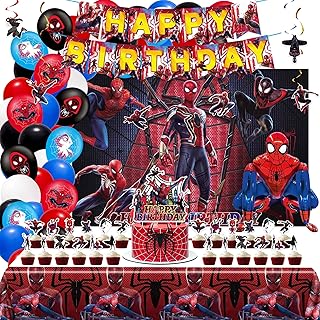 Spider Birthday Party Decorations, Super Hero Party Supplies, Spider Theme Style Party Suit Include Banner，Backdrop，Tablewares，Cupcake Toppers，Balloons，Stickers，Invitation Card Spider Party Favors for Girls Boys