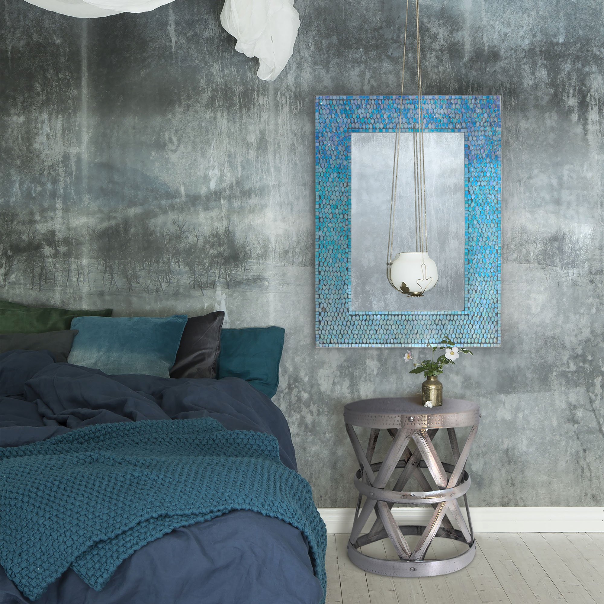 Brentwood 23 by 31 Inch Rectangular Mosaic Glass Wall Mirror in Aqua by Night Dove Design