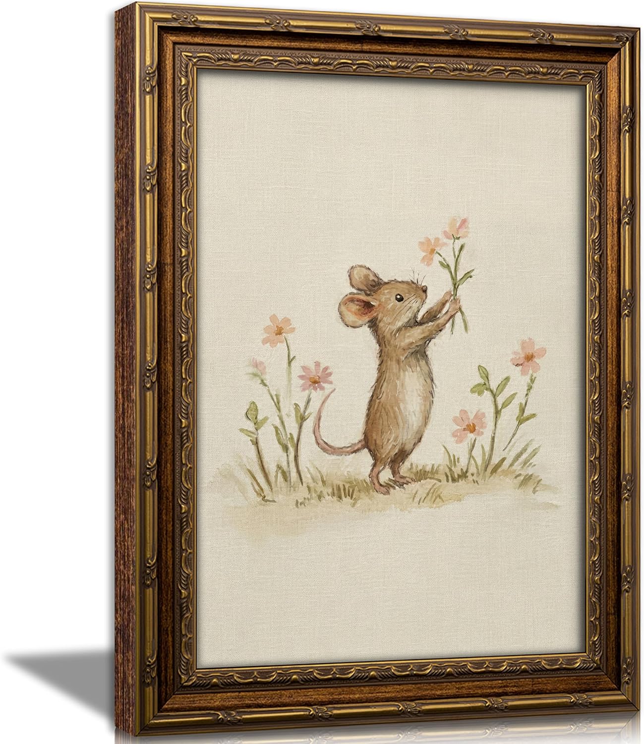 Vintage Gold Framed Nursery Mouse Wall Art, Whimsical Mouse Canvas Print