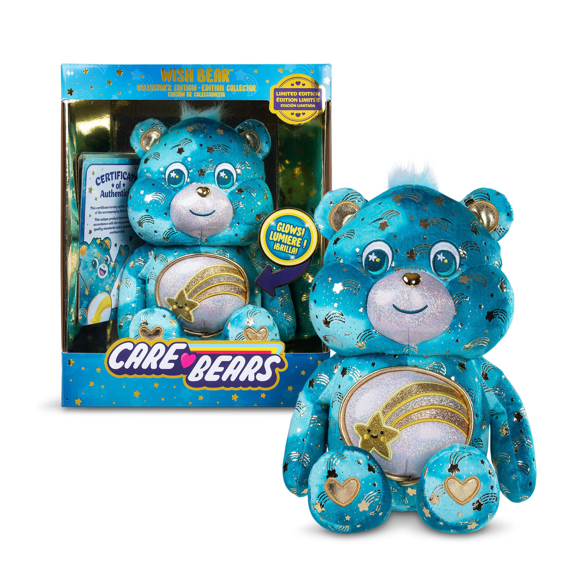 Basic Fun Care Bears 35cm Glowing Belly Plush – Wish Bear – Soft Eco-Friendly Toy with Light-Up Belly Badge – Comforting Collectible for Kids & Fans