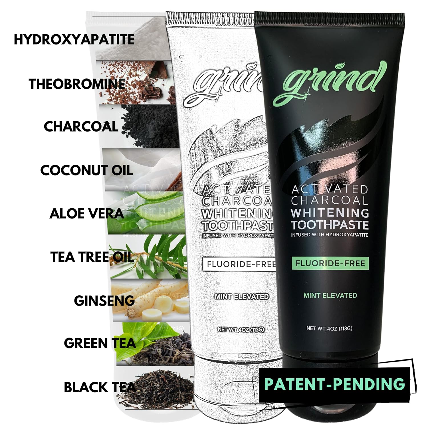 Grind Natural Toothpaste, Fluoride-Free - Dentist Recommended Hydroxyapatite, Theobromine & Activated Charcoal for Remineralizing, Sensitive Teeth, & Whitening, Made in USA, Vegan (4 oz)