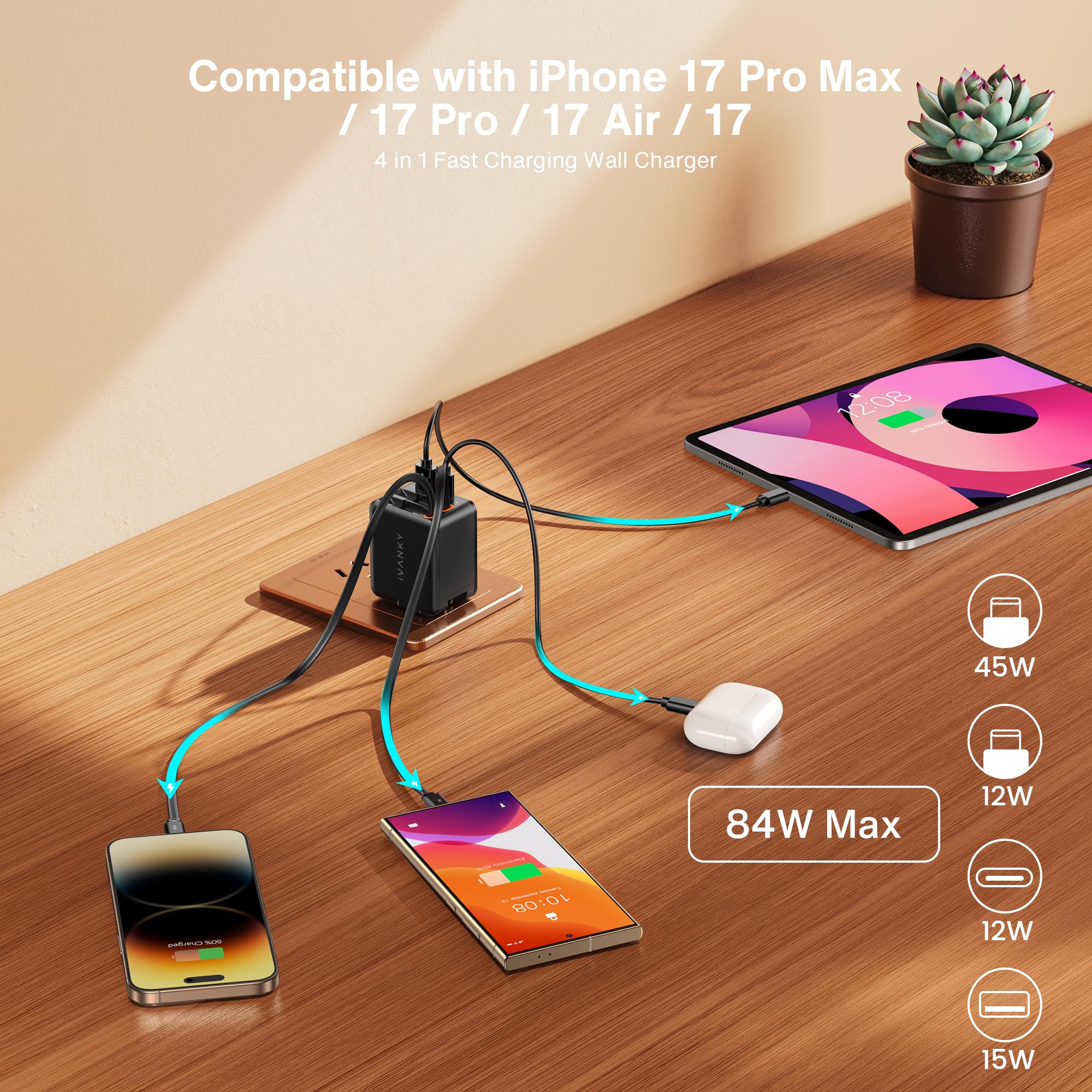 iVANKY 4-en-1 45W GaN Chargeur USB C Rapide iPhone 17 Pro Max Air, 4 Ports Câble Rétractable avec Deux câbles USB-C, Compatible avec iPhone 16/15/14/13 Galaxy S25/S24/S23/S22/A56/A16/A06