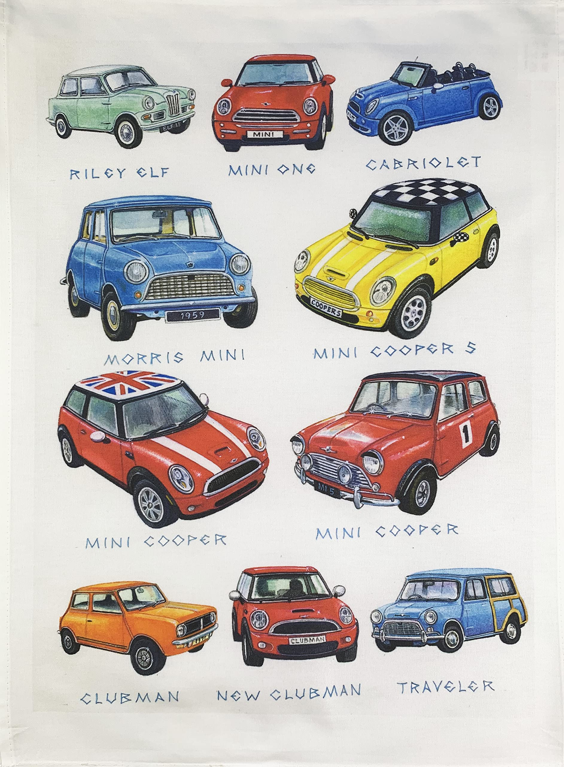 Half A Donkey White Hand Drawn Minis Car Collection Large Cotton Tea Towel
