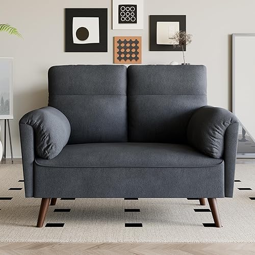 Vongrasig 49" Small Modern Loveseat Sofa, Mid Century Linen Fabric 2-Seat Sofa Couch Tufted Love Seat and Tapered Wood Legs for Living Room, Bedroom and Small Space (Dark Gray)