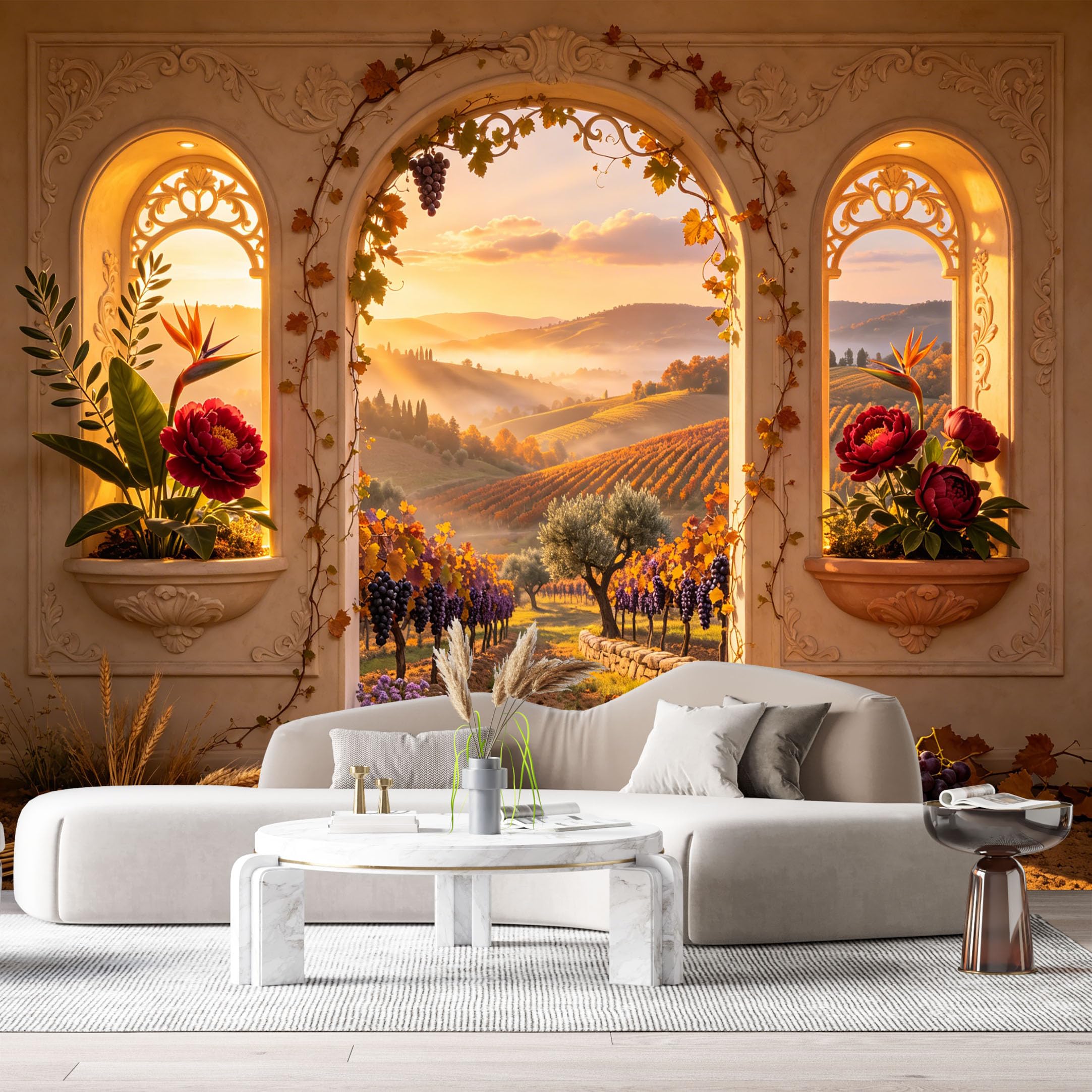 Custom Size Wall Murals Tuscan Vineyard Landscape 3D Trompe L'Oeil Arch Window Botanical SelfAdhesive Wall Fabric Removable Large Wallpaper Photo for Living Room