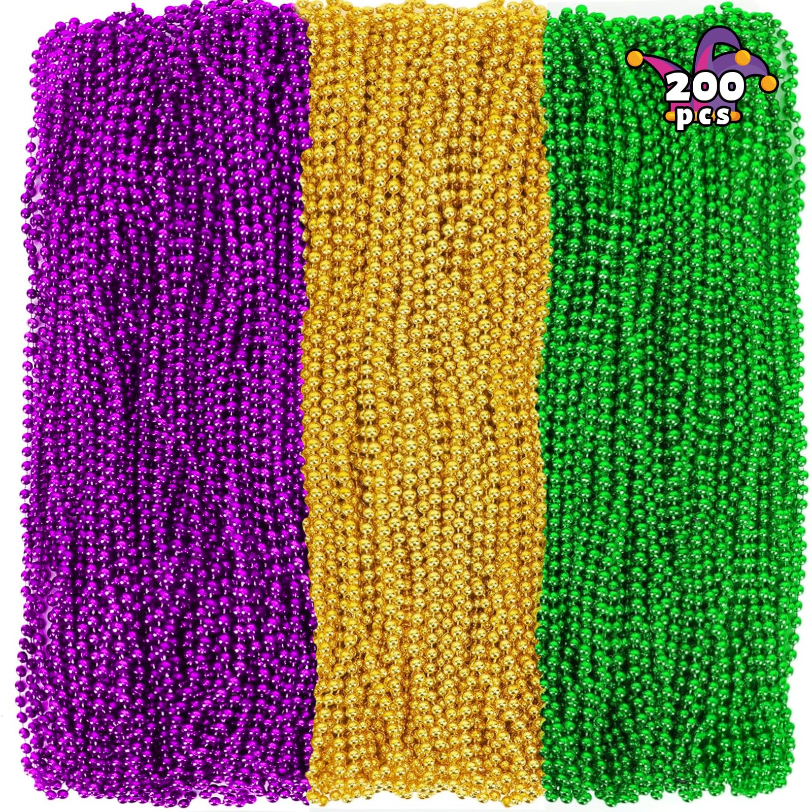 Camlinbo 200PCS Mardi Gras Beads, 33" Bead Necklace, Green Purple Gold Metallic Mardi Gras Beads Accessories Bulk for Carnival Parade Throws Party Decorations Supplies Favors