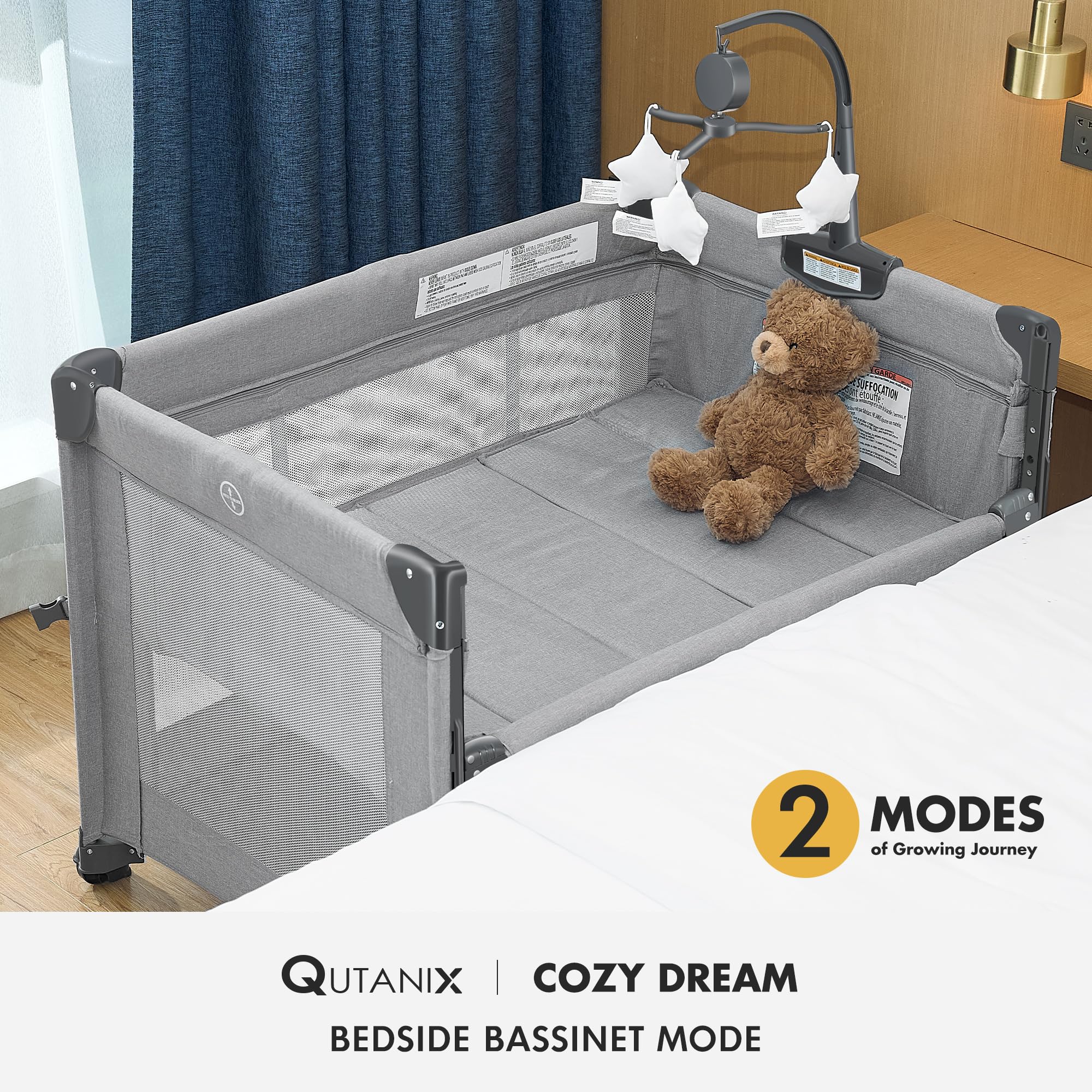 QUTANIX 2-in-1 Baby Playard, Pack and Play Bassinet, Easy Folding Portable Crib with Music Mobile for Newborn to Toddlers (Grey)