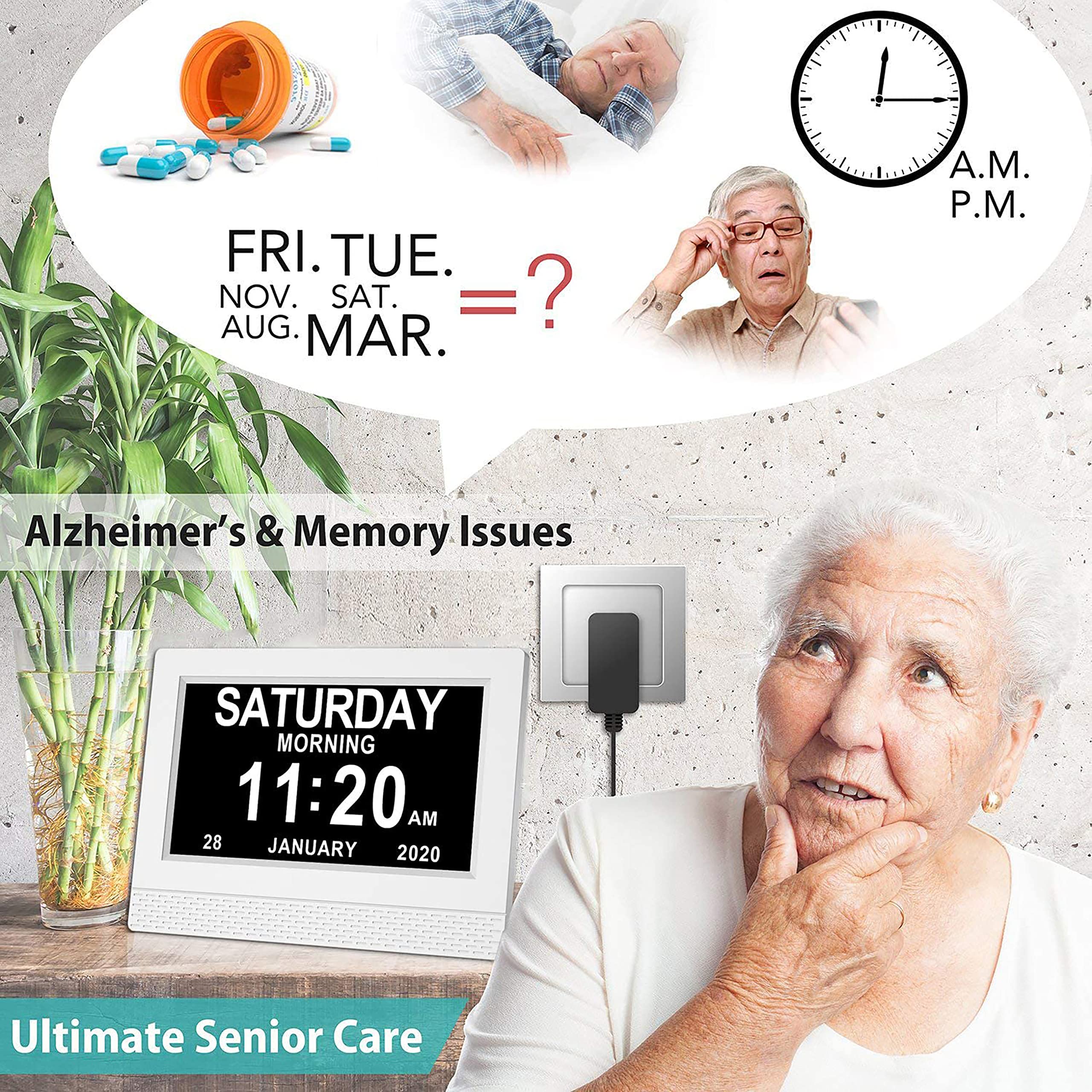 Reloj Calendario Con Fecha, Día y Hora | Alzheimer | Tercera Edad [Clase de Eficiencia Energética A+++]
