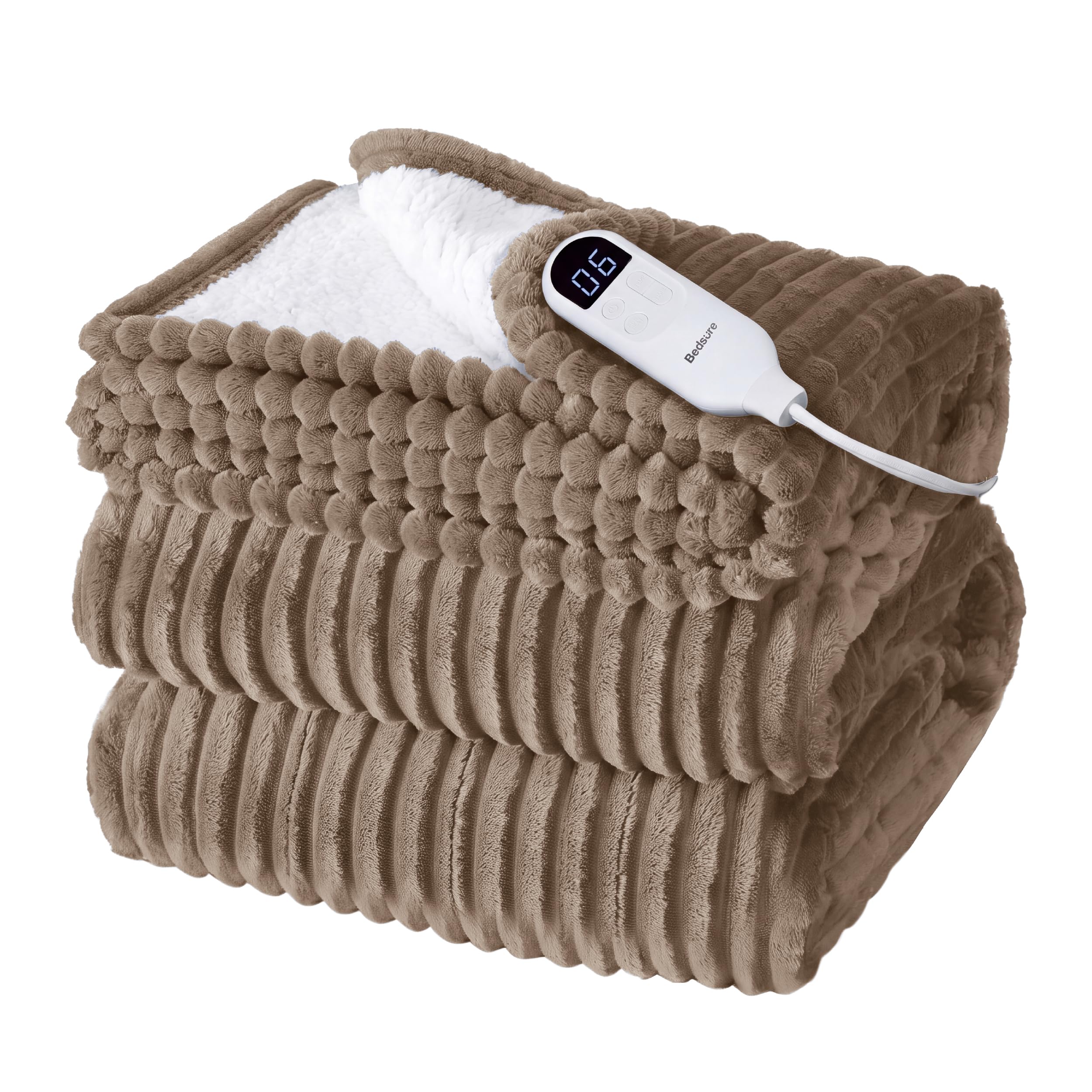 Bedsure Ribbed Electric Blanket Twin, Brown Heated Blanket, Preheat