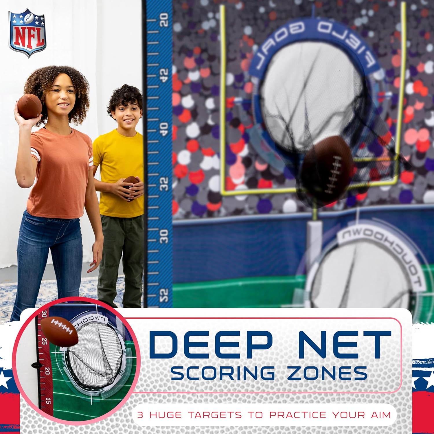 Franklin Sports NFL Mini Football Toss Target Game - NFL Door Jam Football Over the Door Target + (4) Mini Balls Set - 3 Hole Throwing Game for All Ages - Practice Passing + Aim