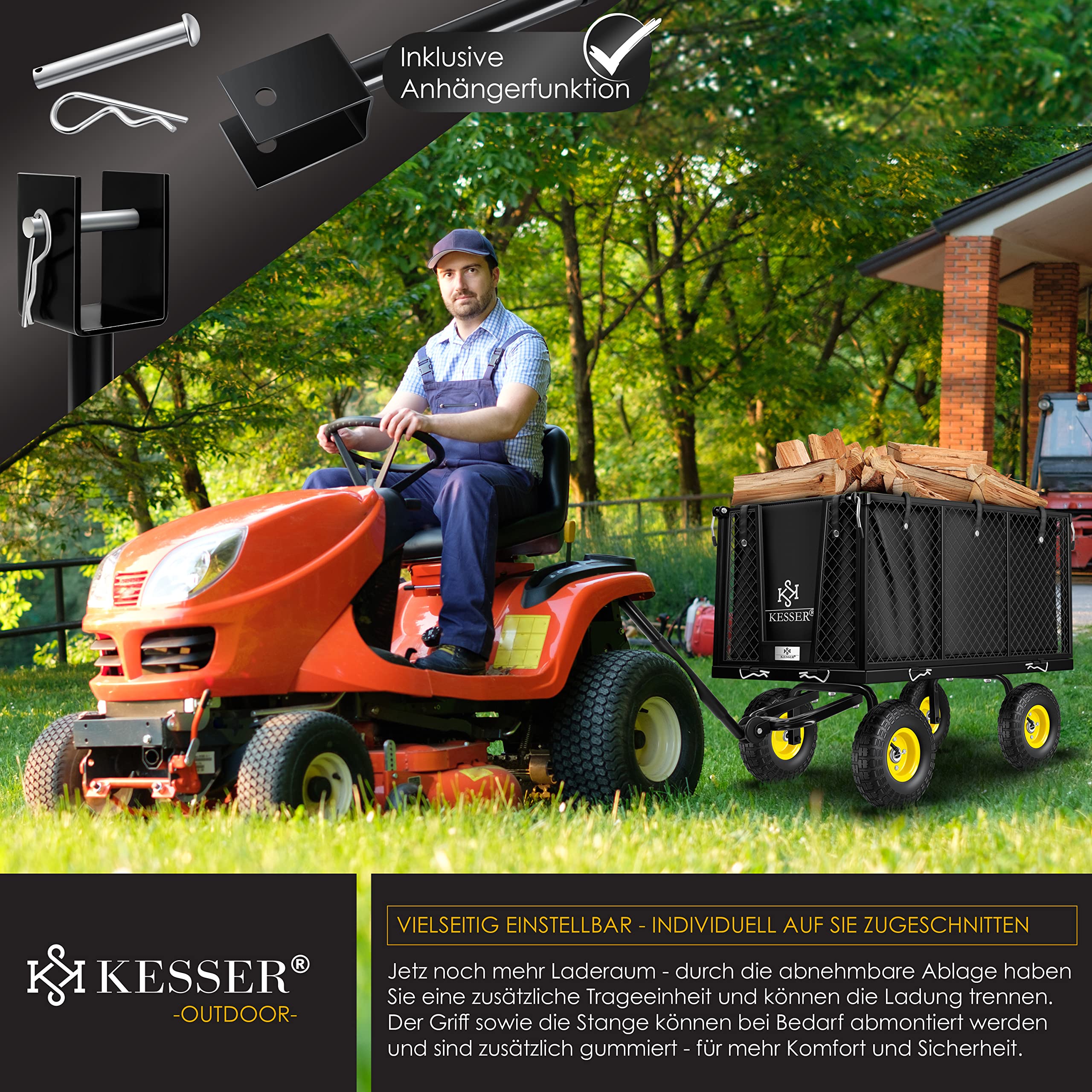KESSER® 550 kg Carro de Mano, Carro de jardín, Carro de Transporte, Lona Desmontable, Carro de Equipamiento, Versátil, Incluye Guantes, Negro