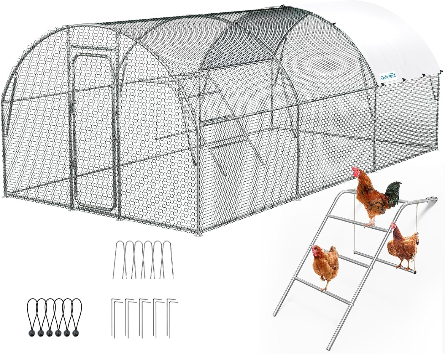 Quictent Large Metal Chicken Coop Run for 20/30 Poultry with Roosting Perch & Swing, 19x10FT Upgraded Outdoor Walk-in Cage Arch Hen Duck Rabbit Yard Farm House, Chicken Wire, Waterproof Roof Tarp