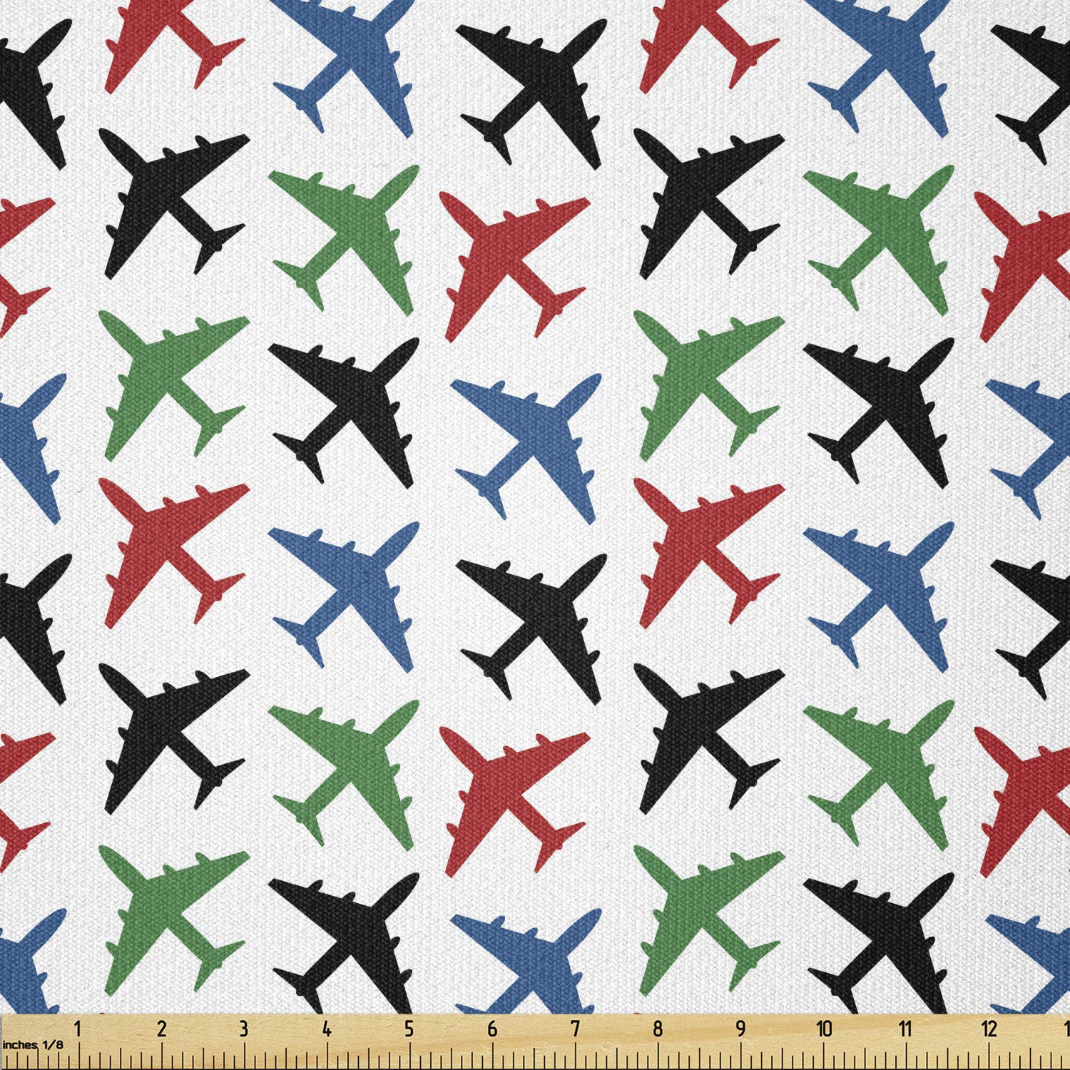 LunarableAirplane Fabric by The Yard, Plane Pattern Aircraft Fighter Jet Transportation Retro Historical Times, Stretch Knit Fabric for Clothing Sewing and Arts Crafts, 2 Yards, White Green