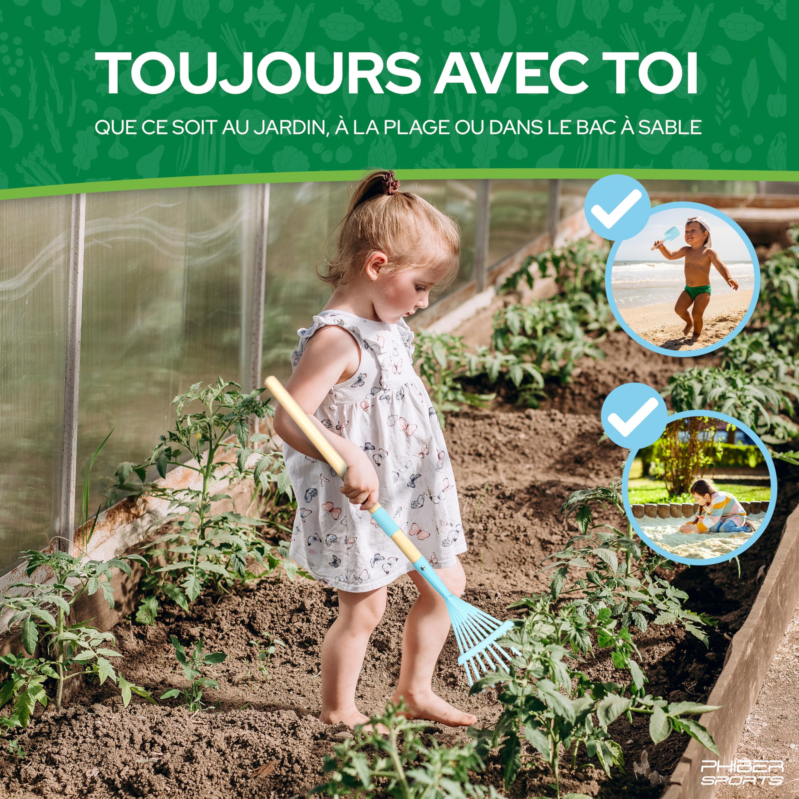 PHIBER-SPORTS Brouette pour enfants + outils de jardin en métal - Brouette avec pelle, balais, râteau à feuilles et autocollants pour enfants