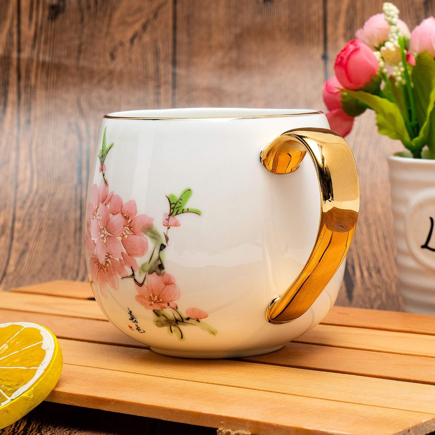 Nеw Prоduсt Glen Mila Bone China Coffee Mug 13 Ounces Teacup Cute Coffee Mugs with Gold Handle Birthday Gifts Christmas Mugs for Women Mom Friends Coworker Boss (Pink Blossom)